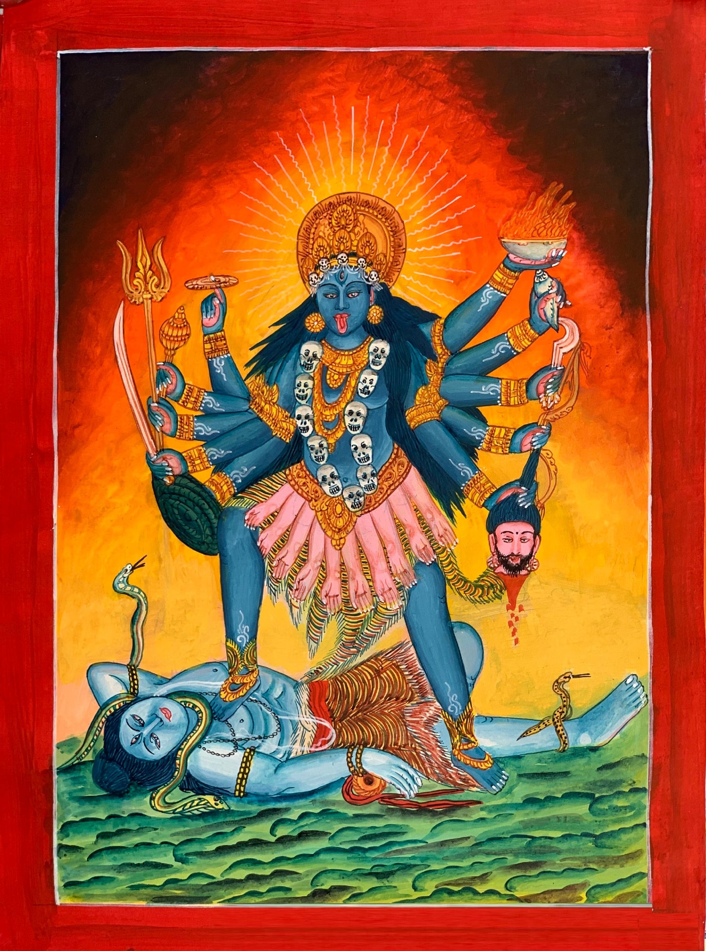 Goddess Kali, Mahakali, Mother of Universal Power, Newari Pauba, Pauva, Thangka Painting, Original Art 12 x 17 -Inch