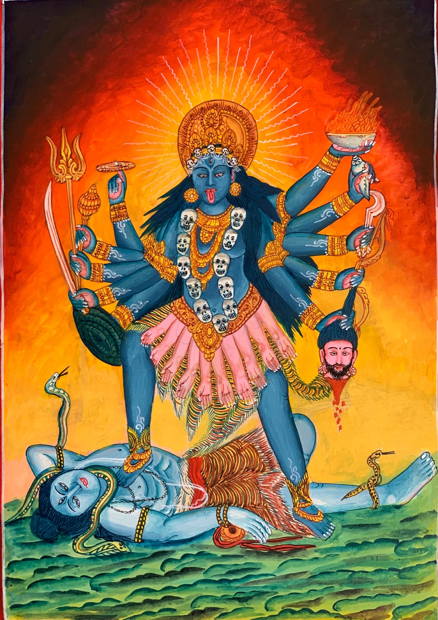 Goddess Kali, Mahakali, Mother of Universal Power, Newari Pauba, Pauva, Thangka Painting, Original Art 12 x 17 -Inch