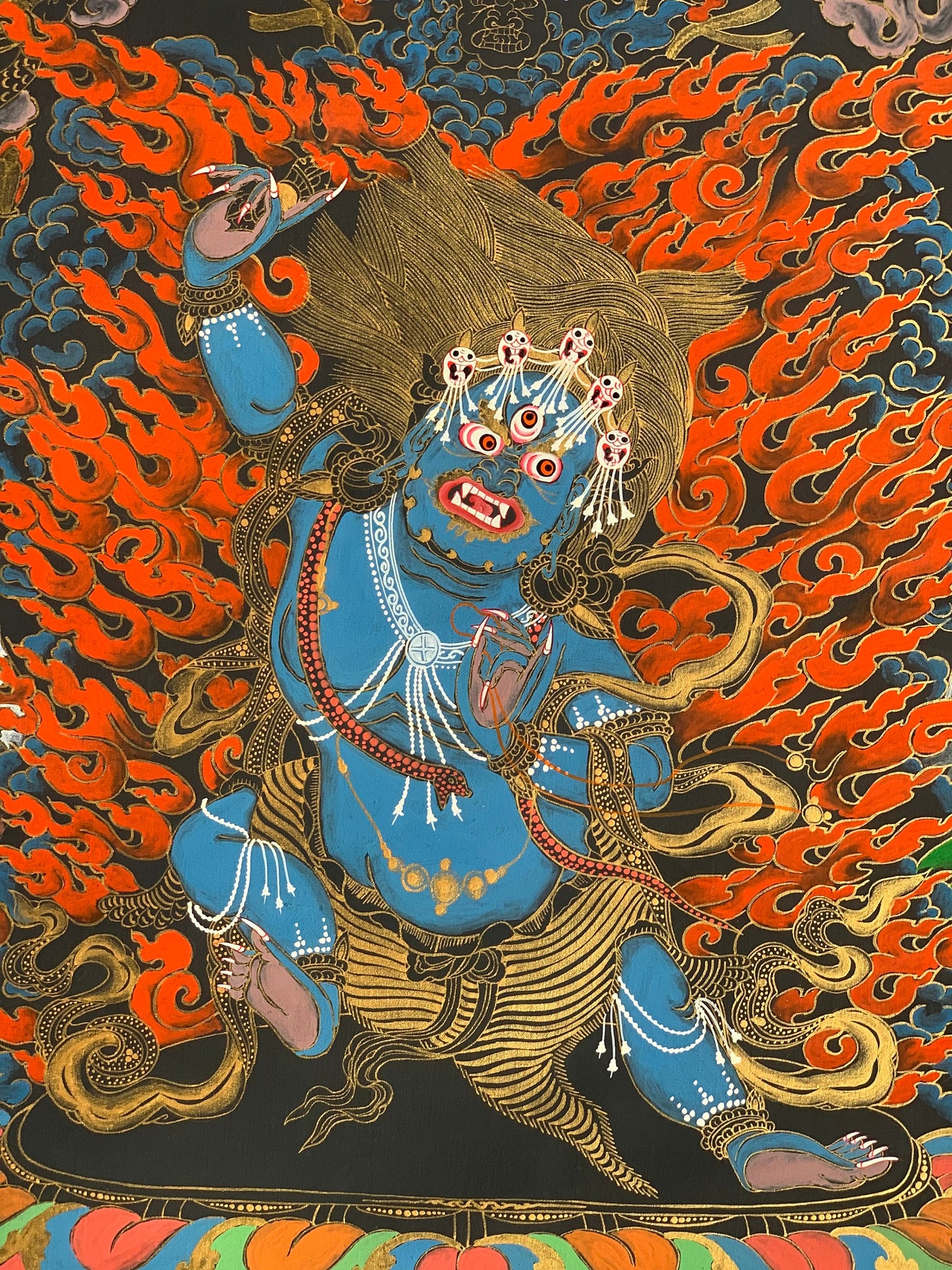 Vajrapani Thunderbolt-Bearer Tibetan Thangka Painting Original Hand-painted Buddhist Art with Silk Brocade