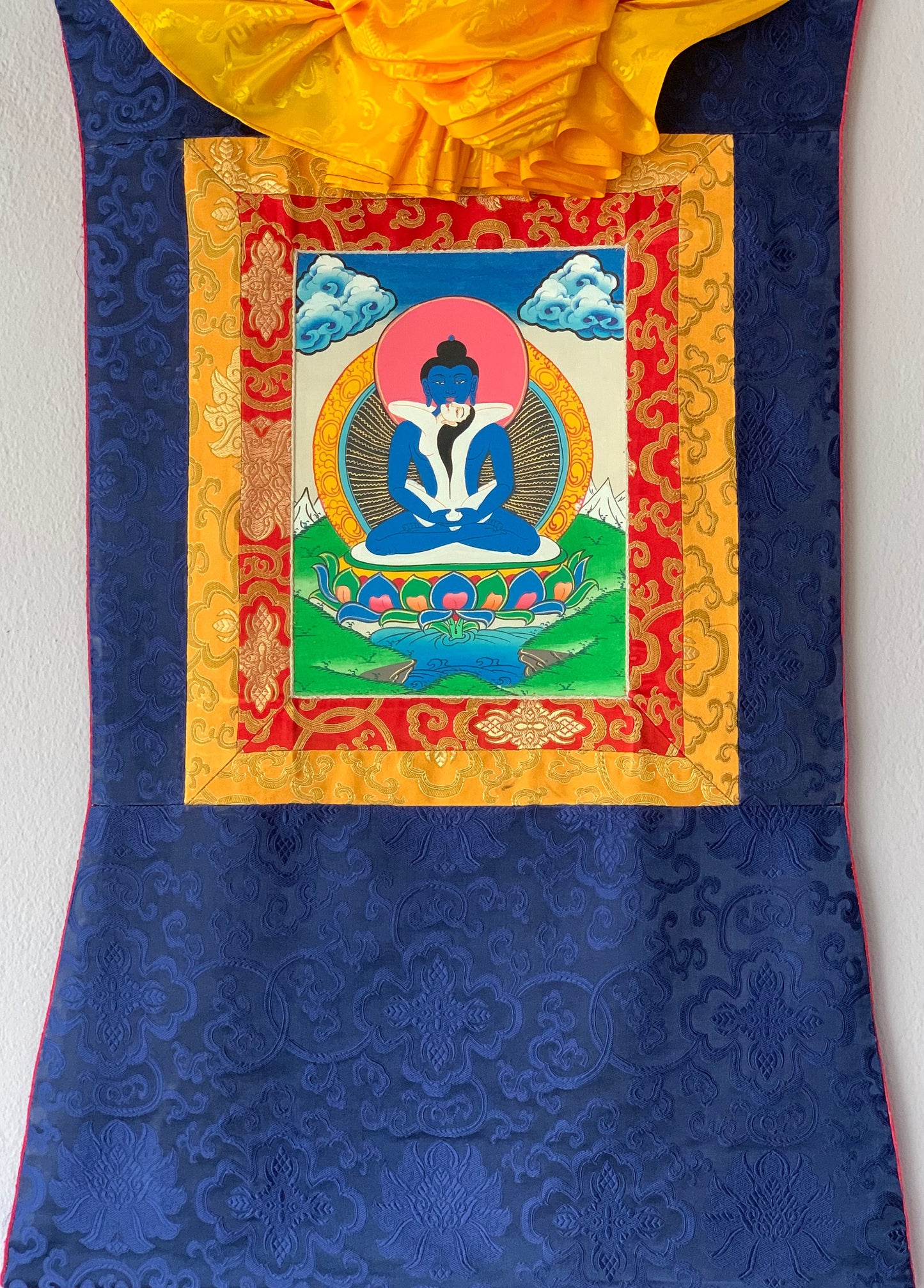 Hand Painted Buddha Shakti, Samantabhadra, Tibetan Thangka Painting, Original Art with Silk Brocade