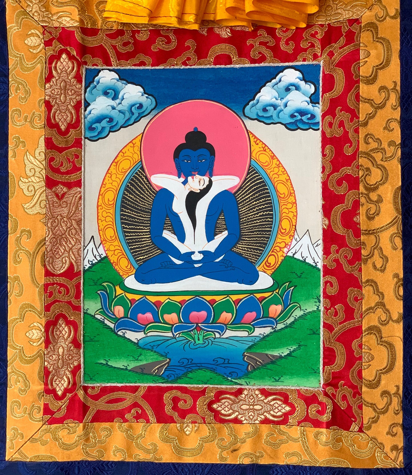 Hand Painted Buddha Shakti, Samantabhadra, Tibetan Thangka Painting, Original Art with Silk Brocade