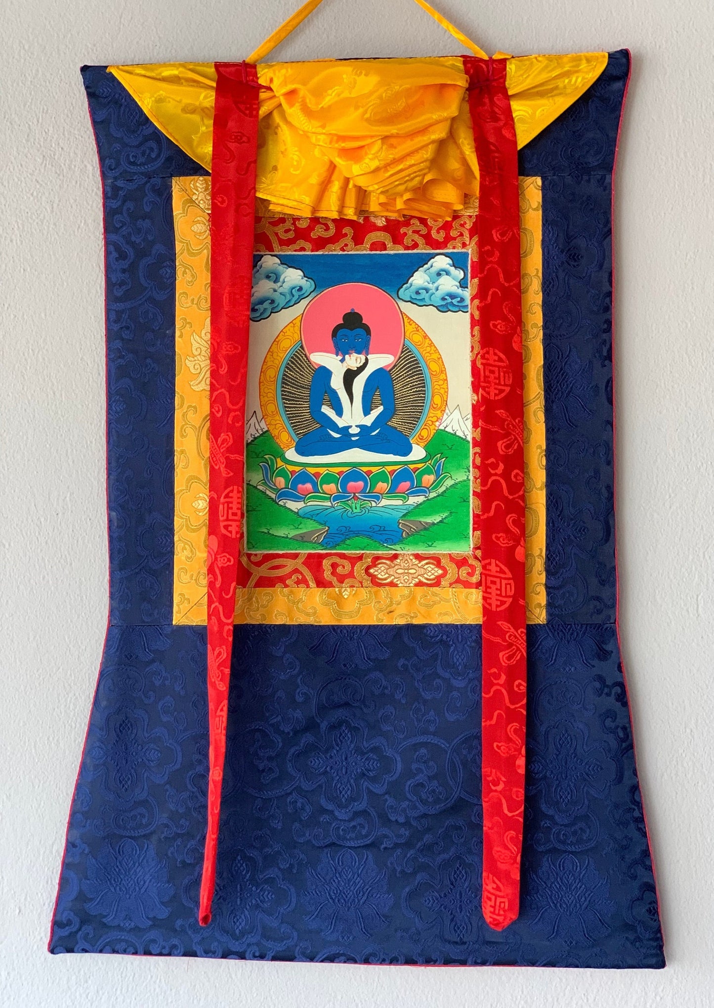 Hand Painted Buddha Shakti, Samantabhadra, Tibetan Thangka Painting, Original Art with Silk Brocade