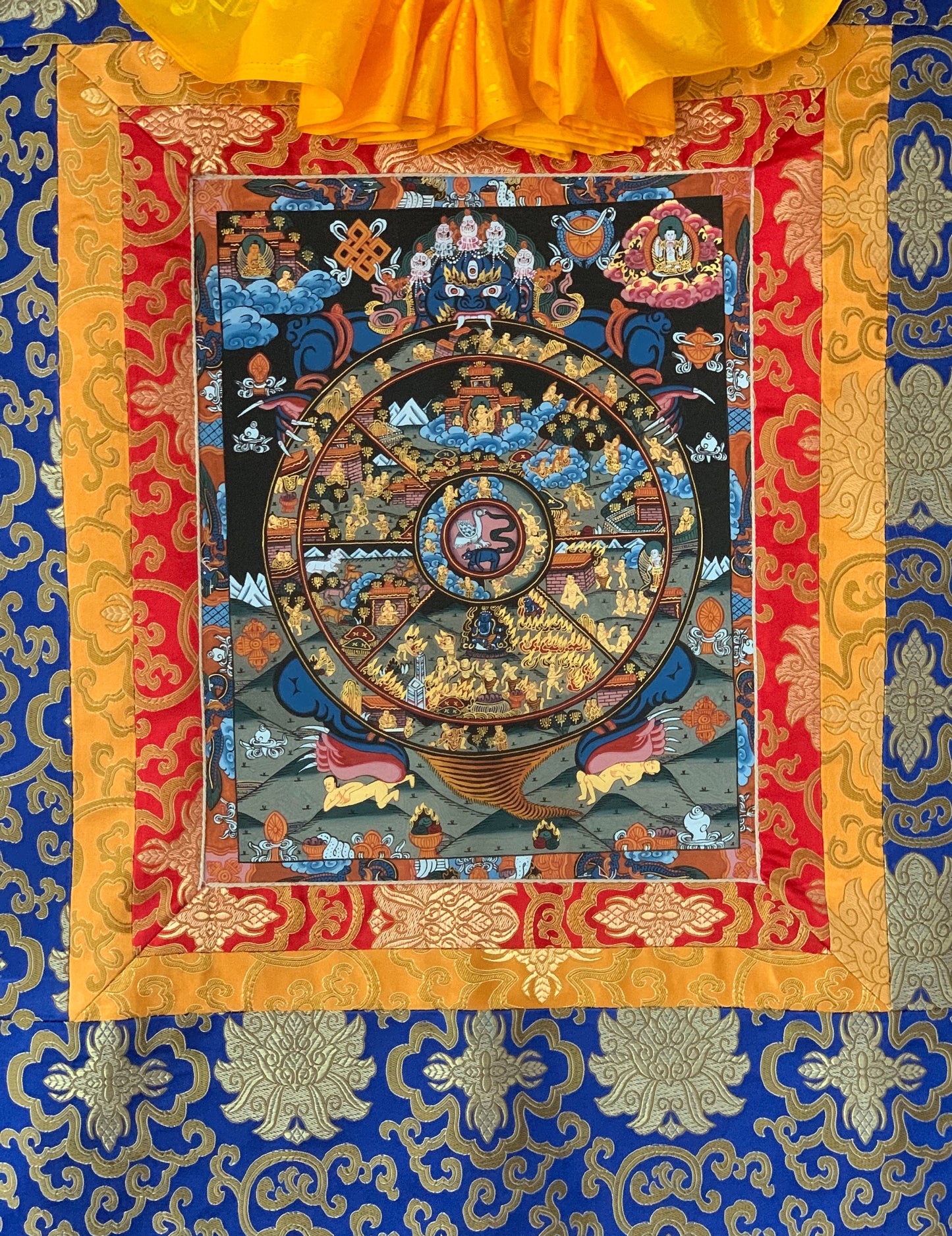 Hand Painted Wheel of Life Mandala, Riduk, Thangka Painting, Original Art  with Silk Brocade