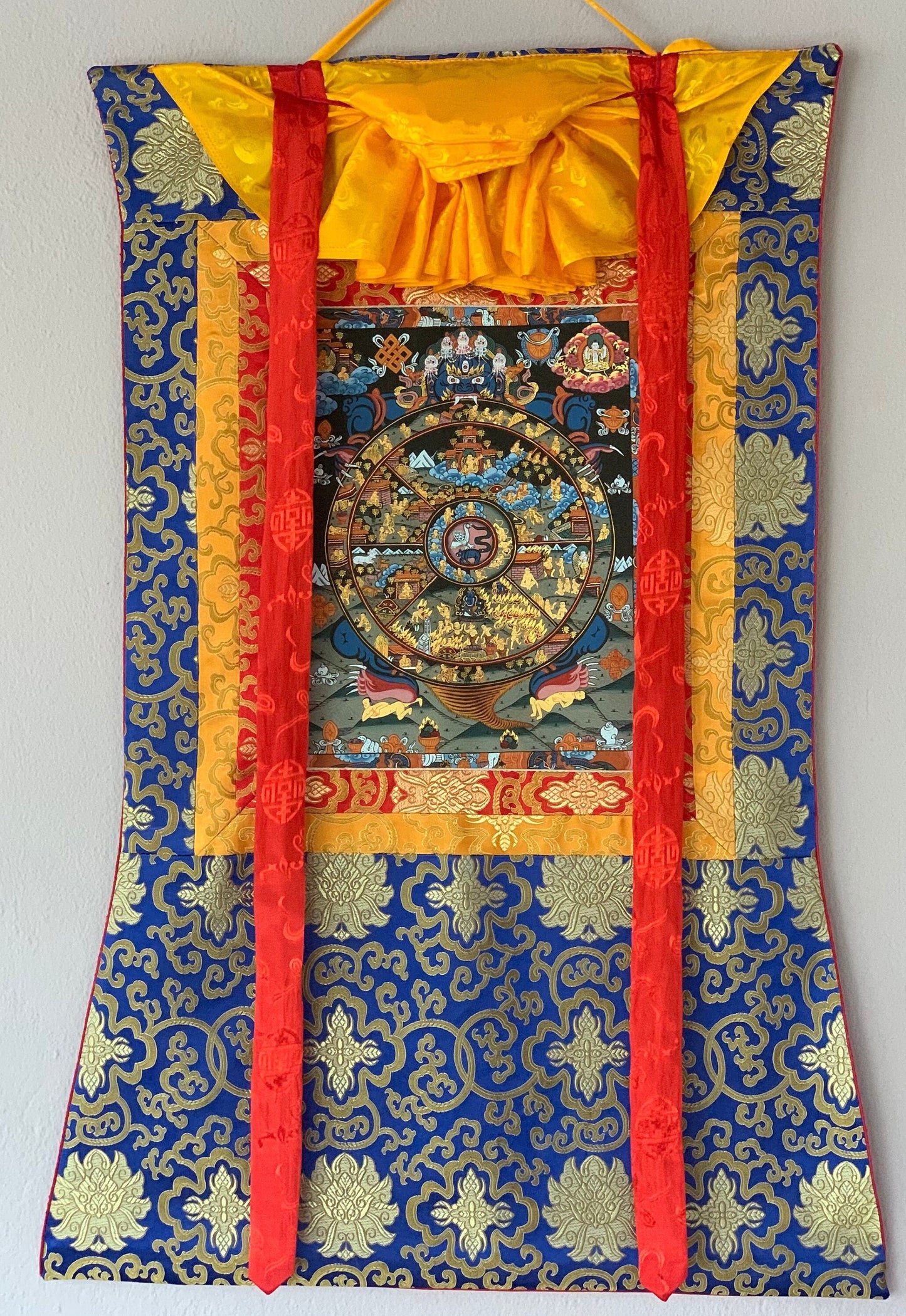 Hand Painted Wheel of Life Mandala, Riduk, Thangka Painting, Original Art  with Silk Brocade