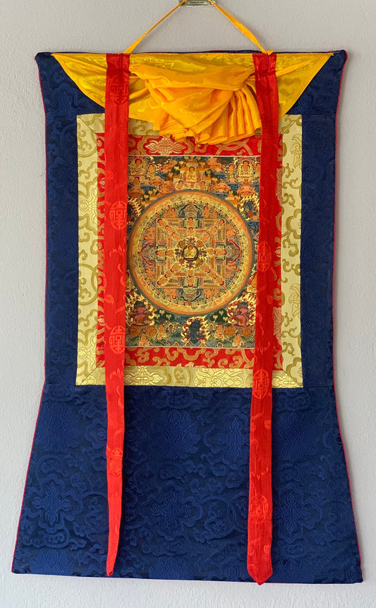 Hand Painted Buddha Life,  Wheel of Life, Mandala, Thangka Painting, Original Art   with Silk Brocade