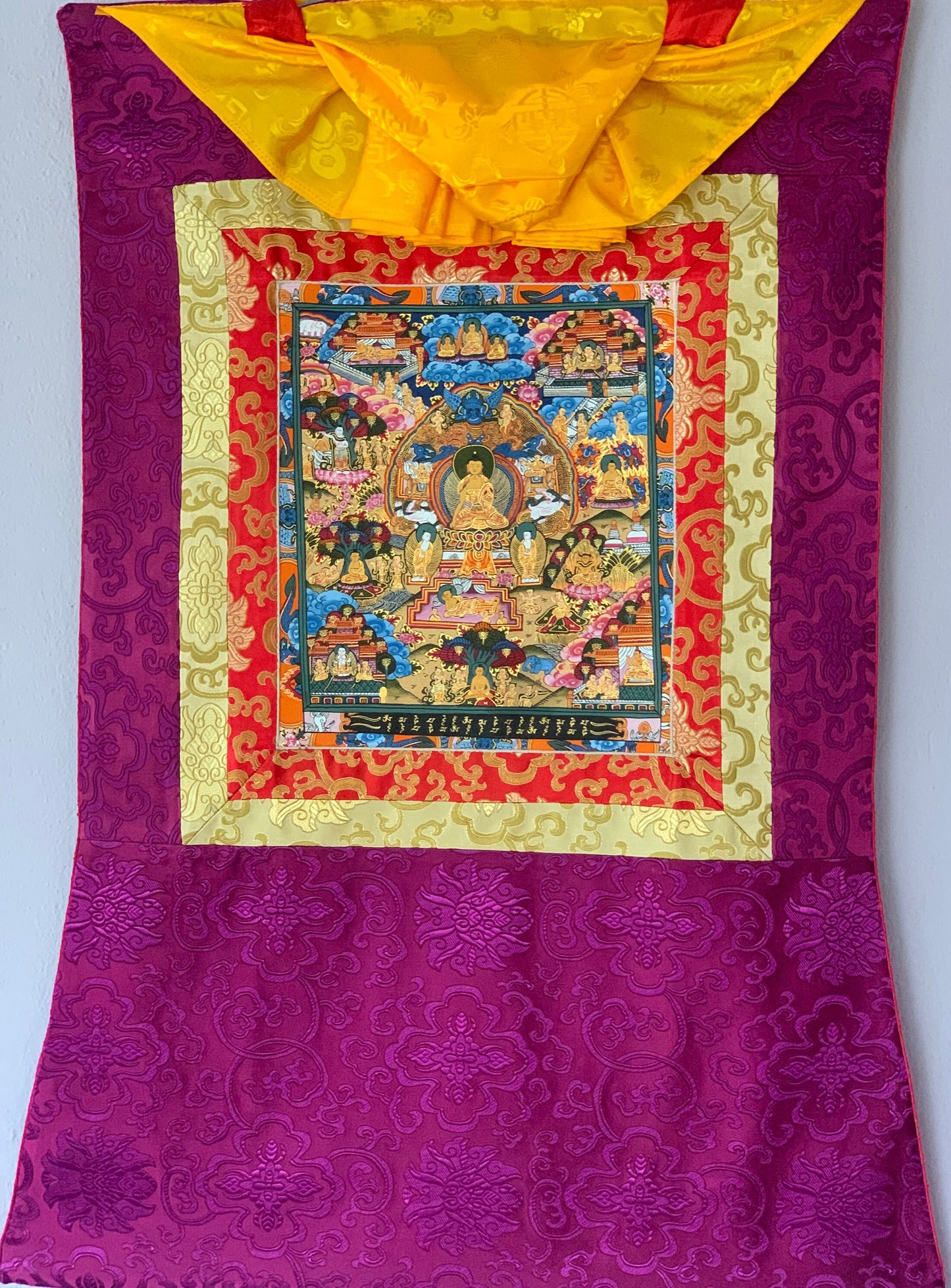 Hand Painted Buddha Life, Samsara Chakra Mandala Thangka Painting Original Art  with Silk Brocade