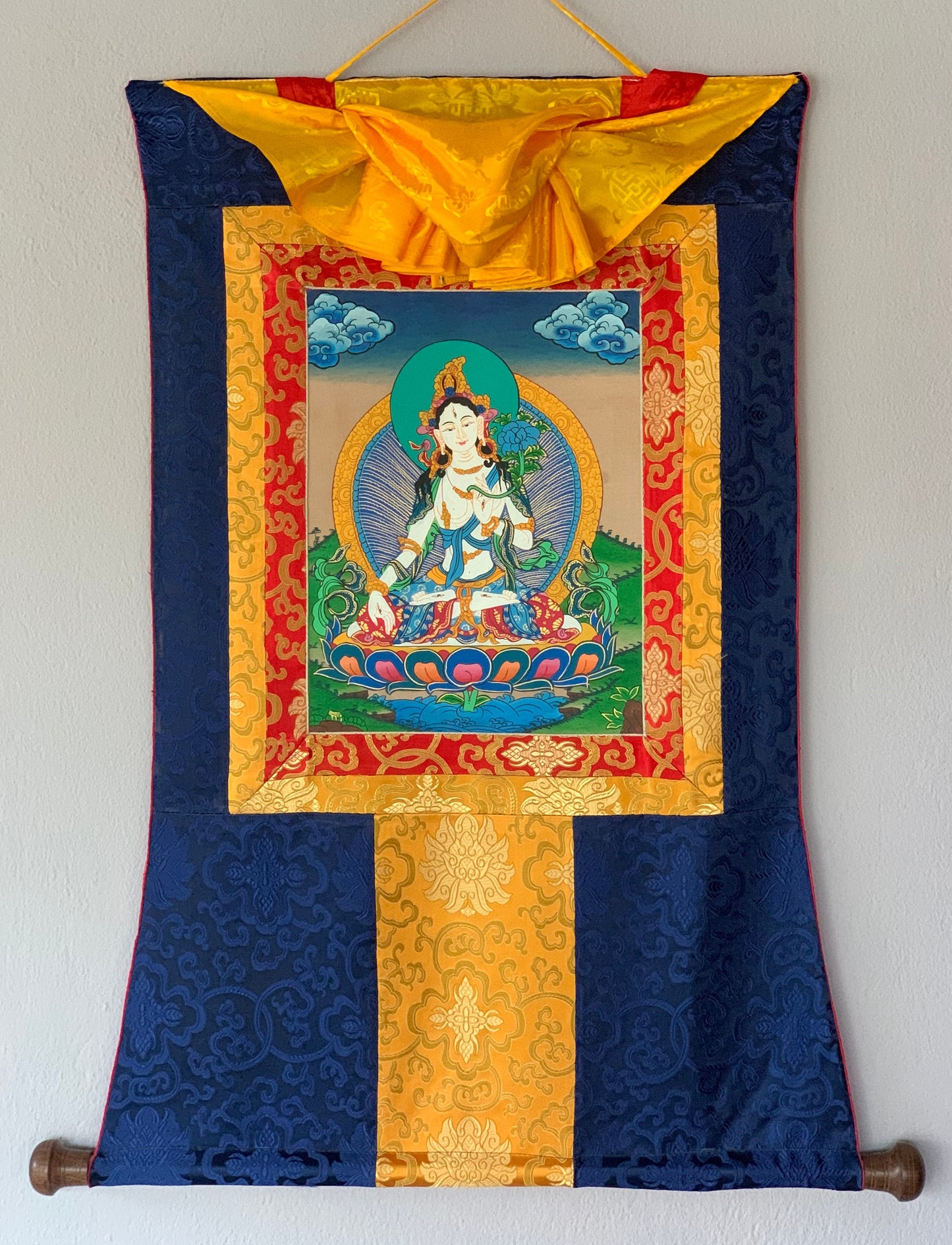 White Tara/ Mother Tara Goddess of Compassion Tibetan Thangka Painting Original Buddhist Art with Silk Brocade