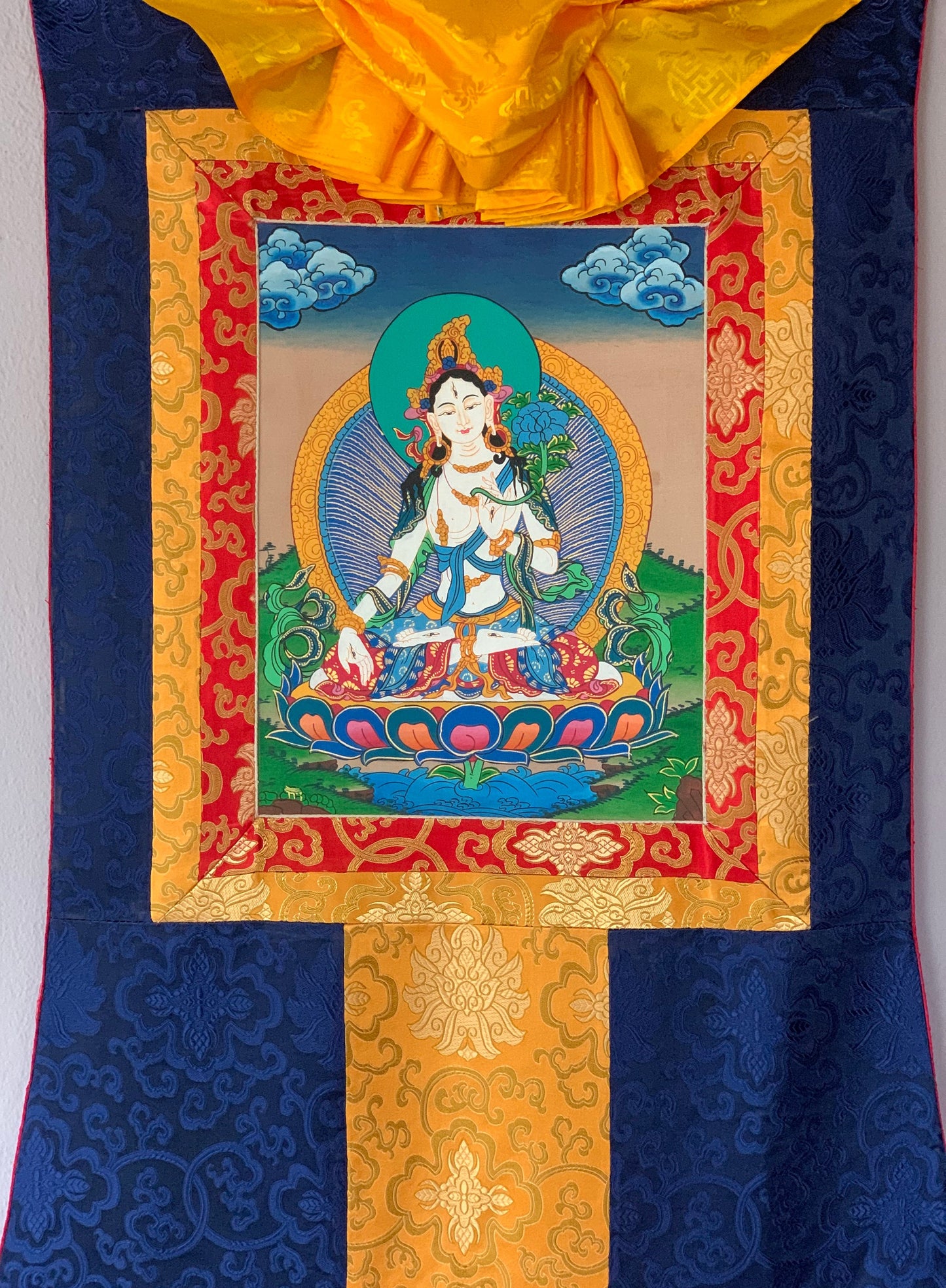 White Tara/ Mother Tara Goddess of Compassion Tibetan Thangka Painting Original Buddhist Art with Silk Brocade