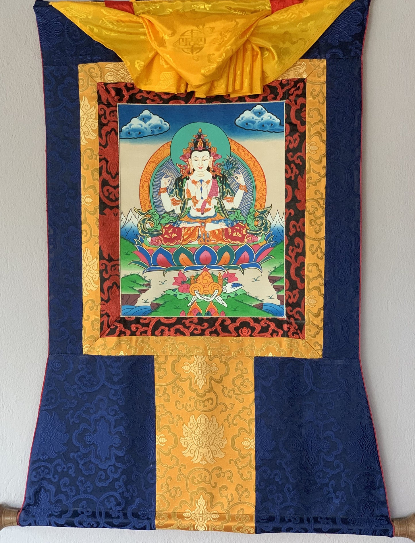 4-Armed Avalokiteshvara, Lokeswor, Chyangresi, Chenrezig, Thangka Painting with Silk Brocade