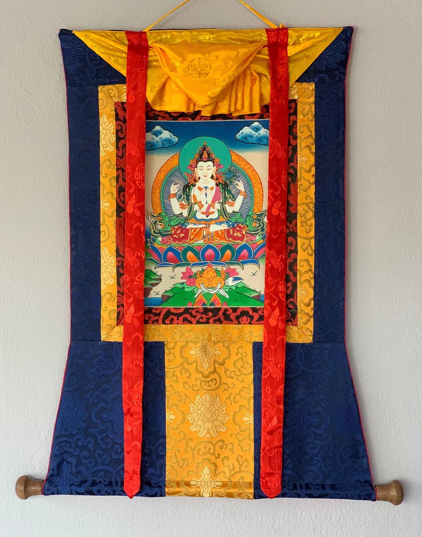 4-Armed Avalokiteshvara, Lokeswor, Chyangresi, Chenrezig, Thangka Painting with Silk Brocade