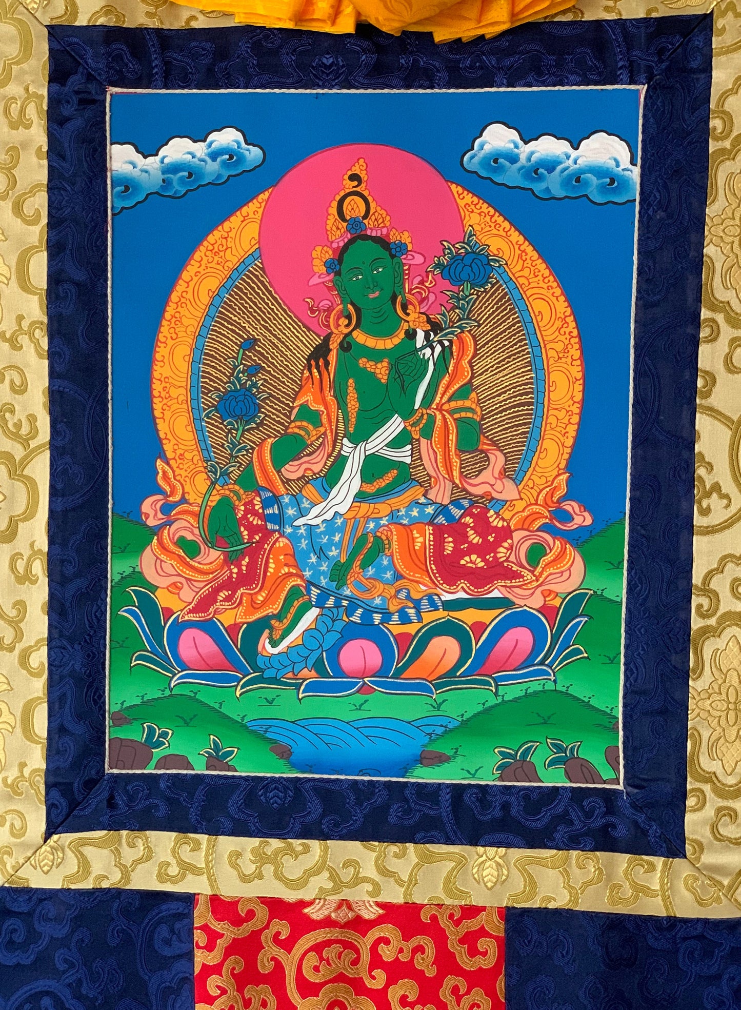 Green Tara/ Shyamatara/ Divine Mother Tibetan Thangka Painting, Original Art with Silk Brocade