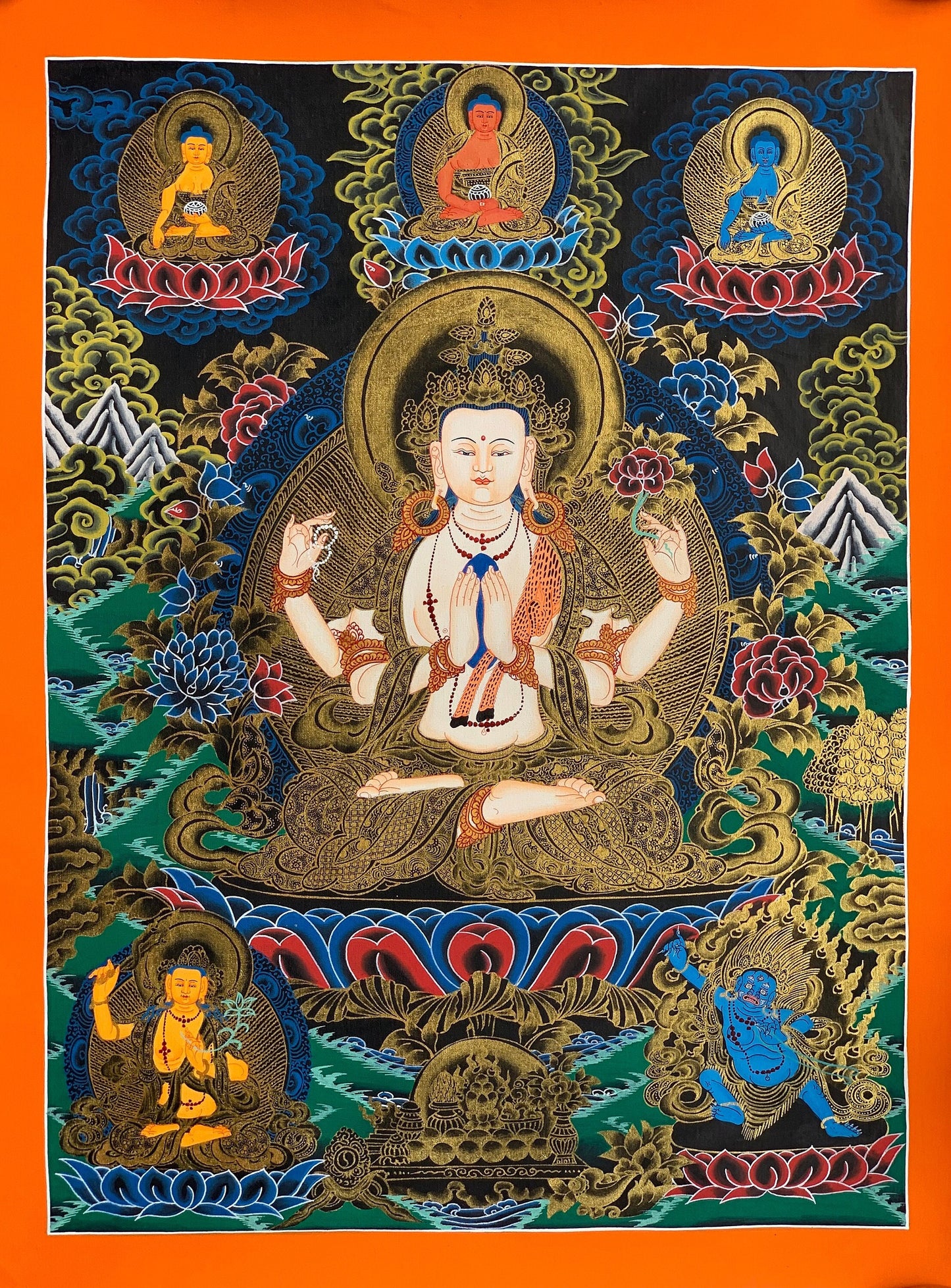 Chyangresi, Chenrezig, Avalokiteshvara, Bodhisattva, Thangka Painting, Original, Hand Painting 18 x 24 Inch