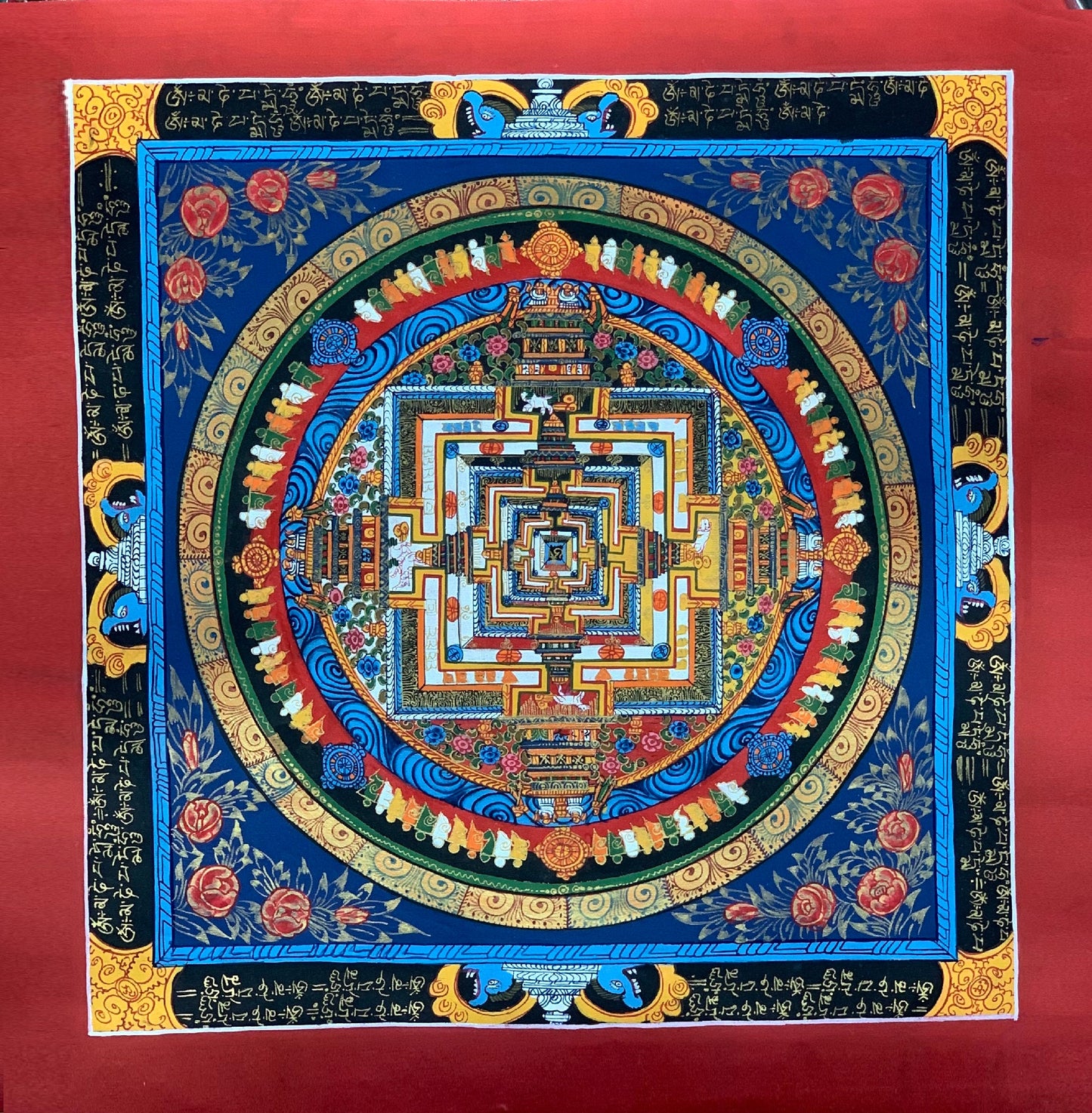 Wheel of Life, Wheel of Time, Kalachakra, Mantra Mandala, Tibetan Thangka Painting, Original Art  13 x 13 Inch