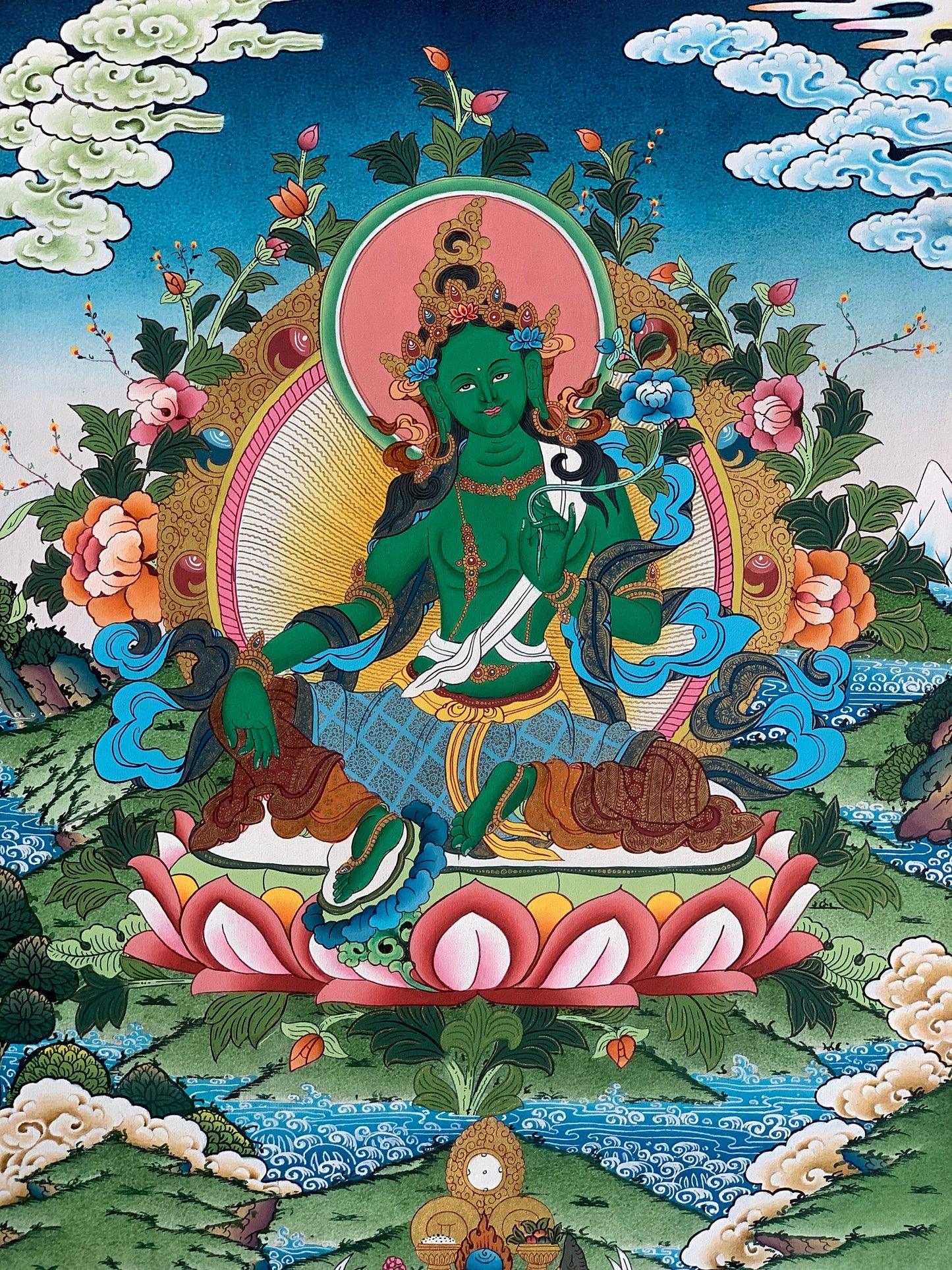 Green Tara, Shyamatara,  Mother Goddess, Master Quality, Thangka Painting, Original, Hand- painted,  Buddhist Healing and Meditation Art