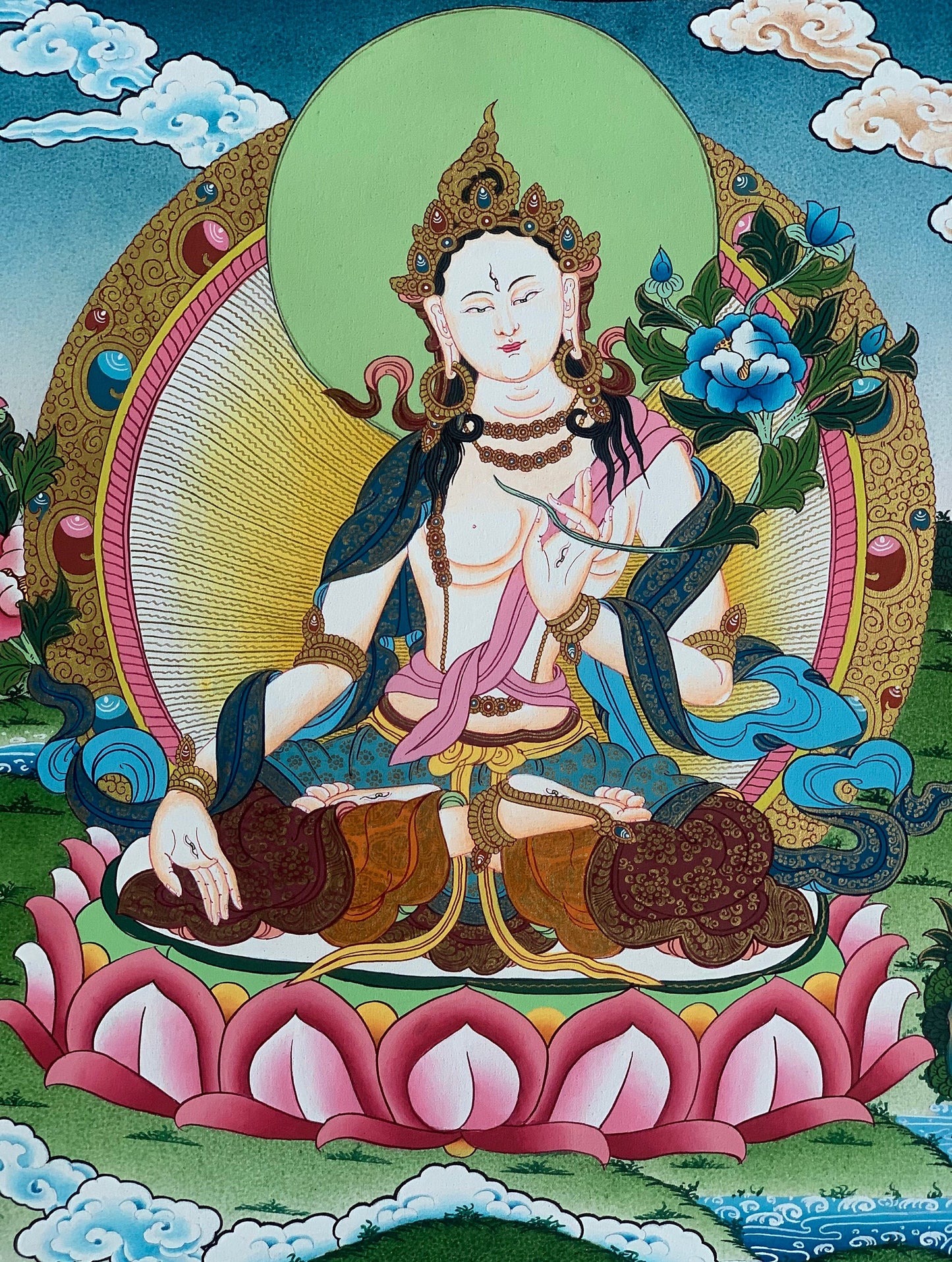 White Tara, Sitatara, Mother Goddess, Master Quality, Thangka Painting, Original Hand-painting, Meditation Art  16 x 22 Inch