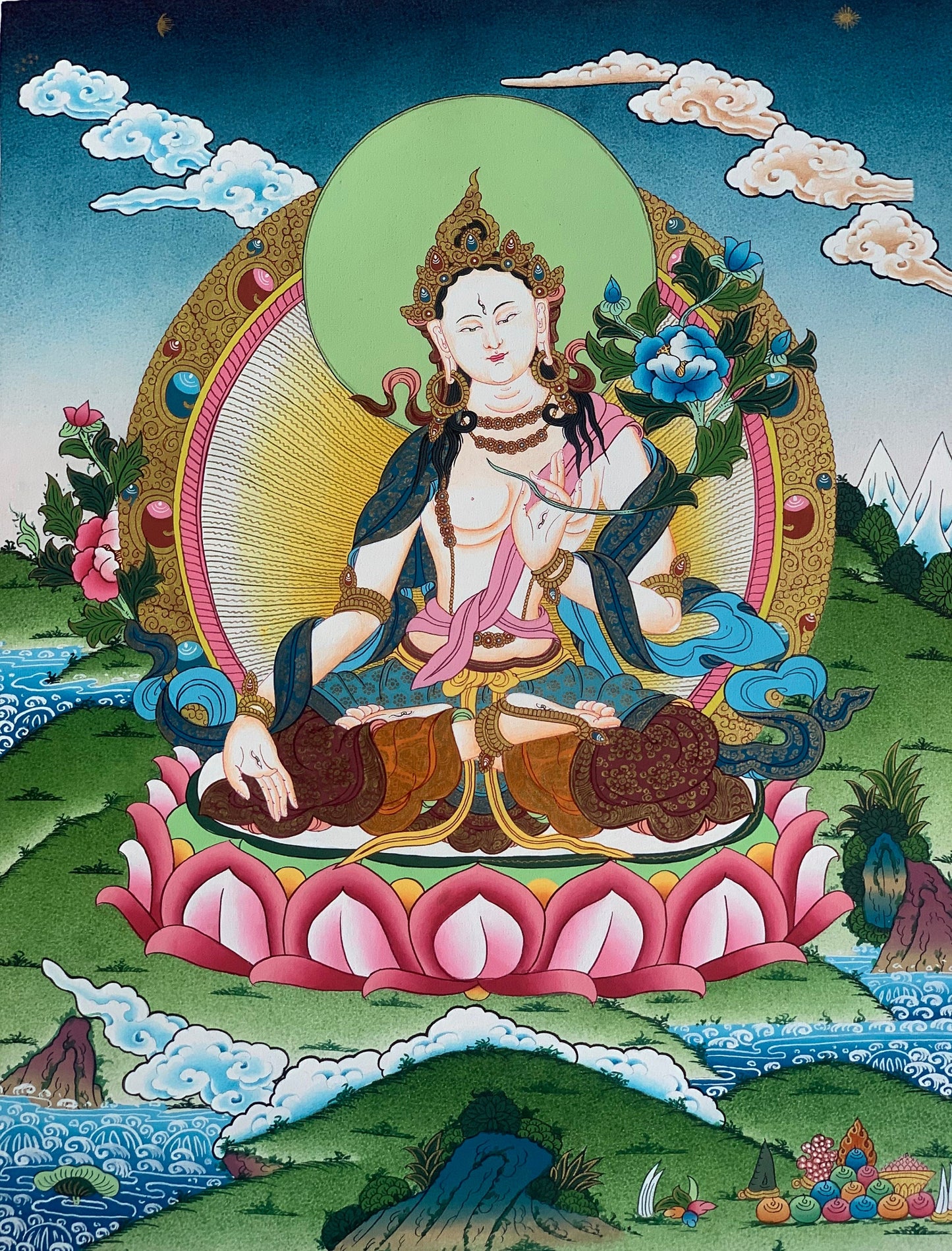 White Tara, Sitatara, Mother Goddess, Master Quality, Thangka Painting, Original Hand-painting, Meditation Art  16 x 22 Inch