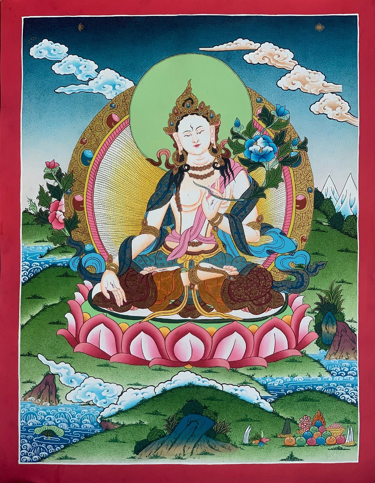 White Tara, Sitatara, Mother Goddess, Master Quality, Thangka Painting, Original Hand-painting, Meditation Art  16 x 22 Inch