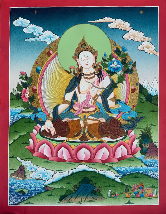 White Tara, Sitatara, Mother Goddess, Master Quality, Thangka Painting, Original Hand-painting, Meditation Art  16 x 22 Inch