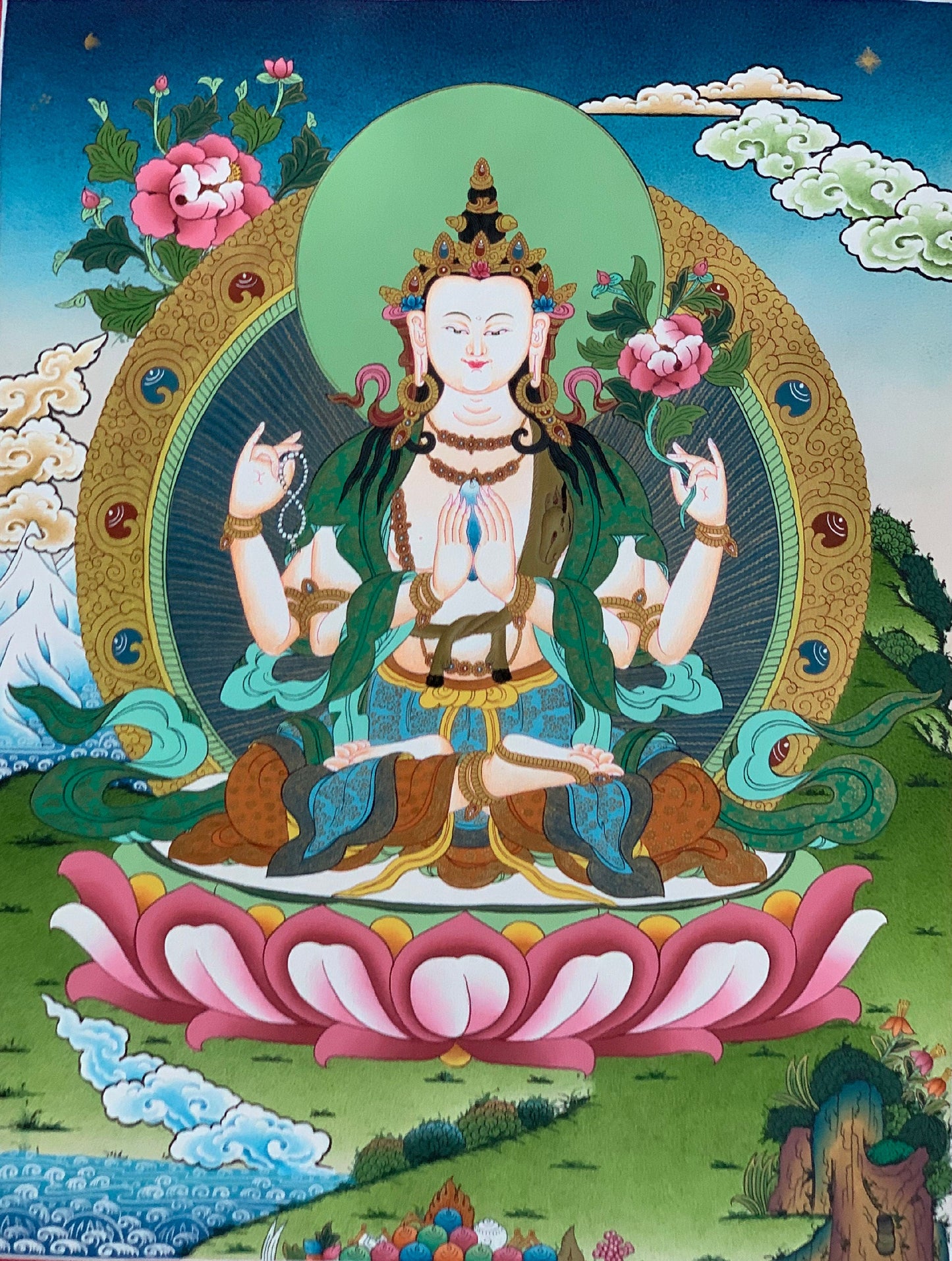 4 -Armed, Chyangresi, Chenrezig, Avalokiteshvara, Bodhisattva, Master Quality, Tibetan Thangka Painting, Original Art 18 x 24 Inch