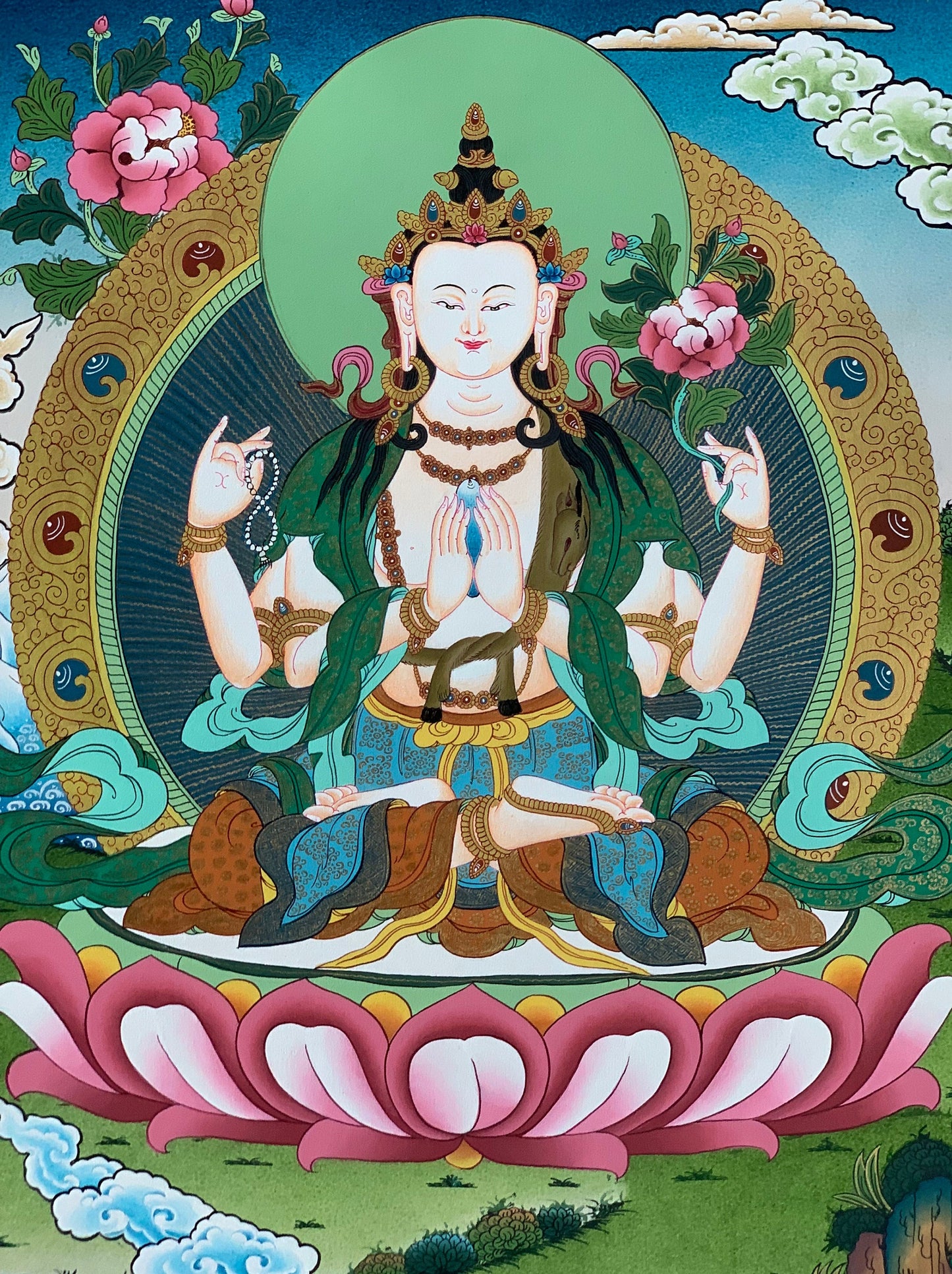 4 -Armed, Chyangresi, Chenrezig, Avalokiteshvara, Bodhisattva, Master Quality, Tibetan Thangka Painting, Original Art 18 x 24 Inch