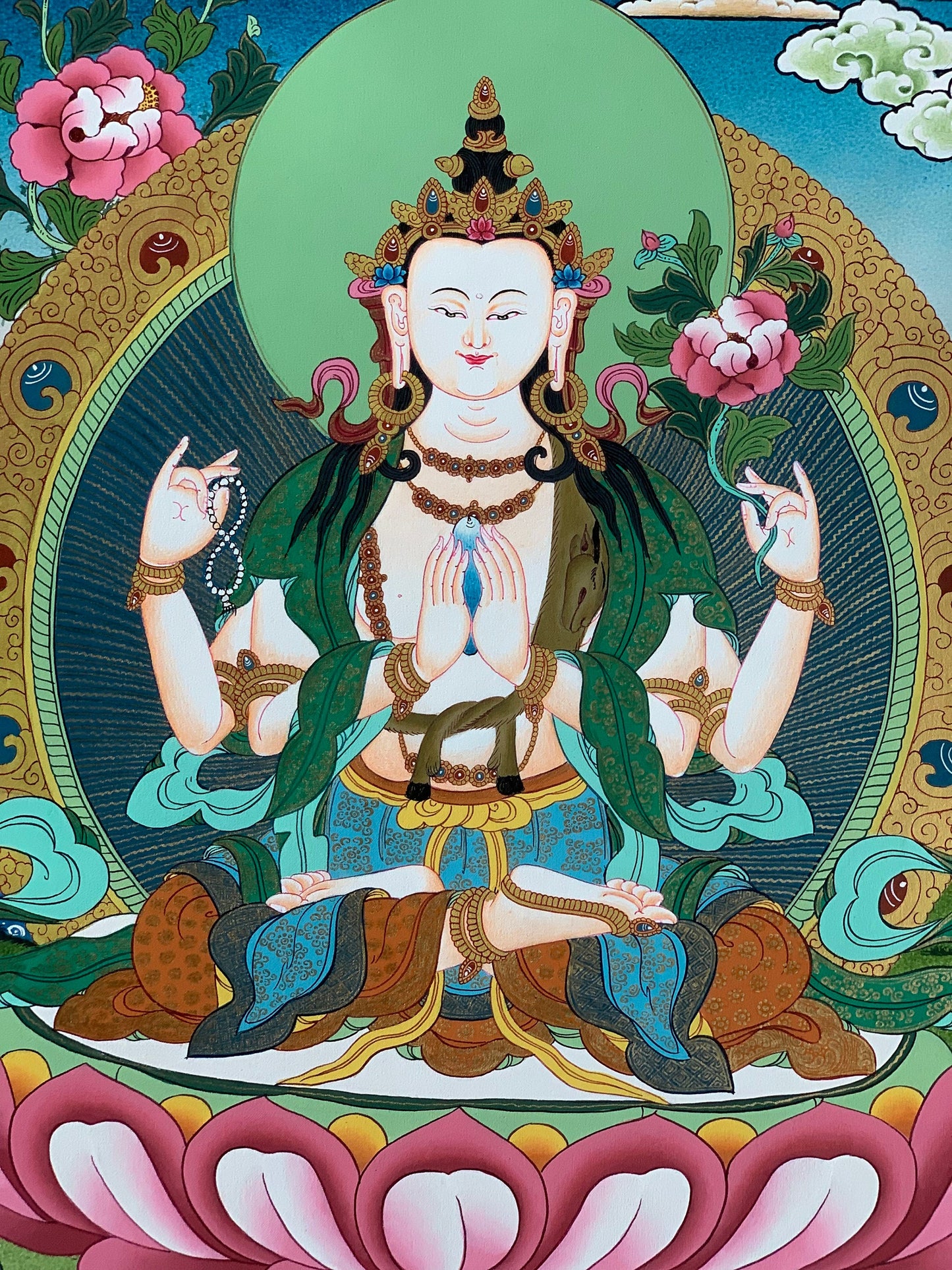 4 -Armed, Chyangresi, Chenrezig, Avalokiteshvara, Bodhisattva, Master Quality, Tibetan Thangka Painting, Original Art 18 x 24 Inch