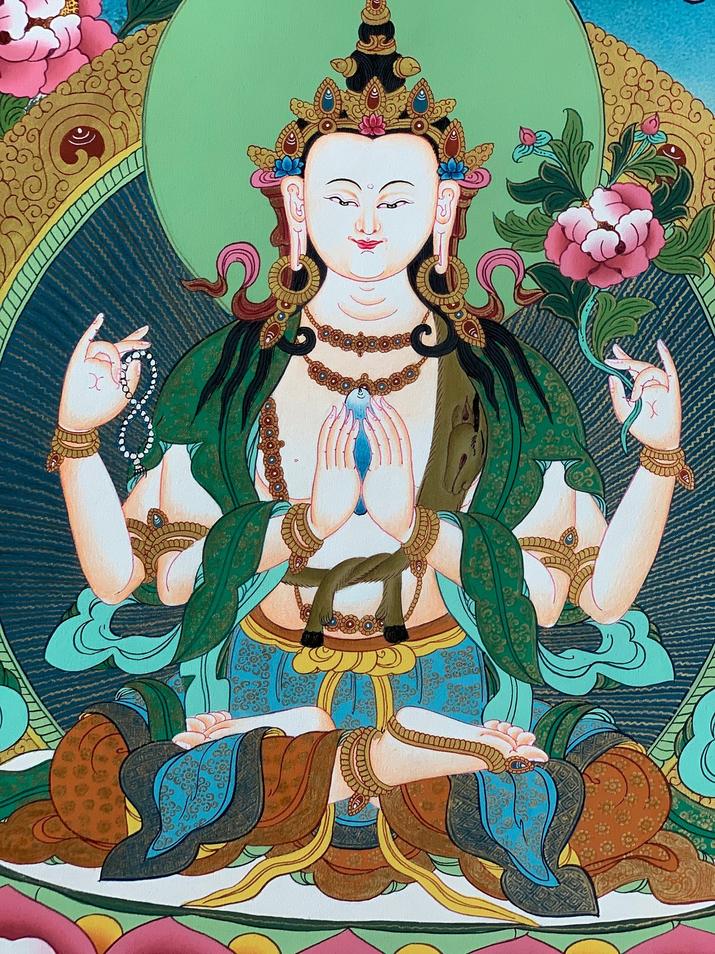 4 -Armed, Chyangresi, Chenrezig, Avalokiteshvara, Bodhisattva, Master Quality, Tibetan Thangka Painting, Original Art 18 x 24 Inch