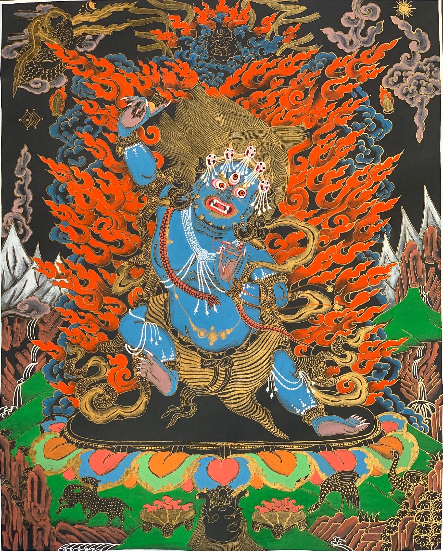 Vajrapani Thunderbolt-Bearer Tibetan Thangka Painting Original Hand-painted Buddhist Art with Silk Brocade