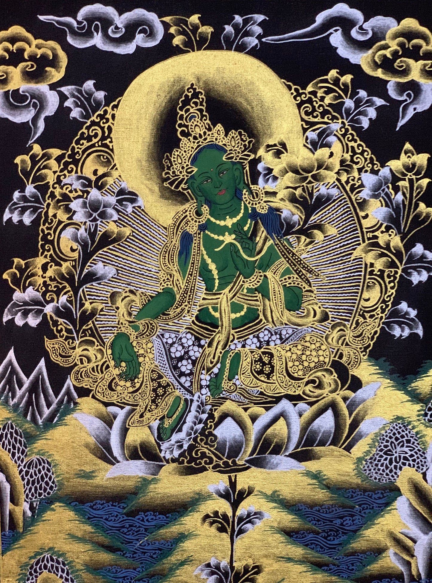 Green Tara/ Shyamatara/ Goddess of Compassion Tibetan Thangka Painting, Original Hand-painted, Buddhist Art with Silk Frame