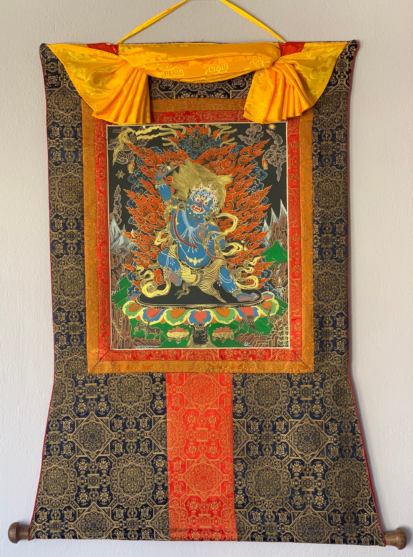 Vajrapani Thunderbolt-Bearer Tibetan Thangka Painting Original Hand-painted Buddhist Art with Silk Brocade