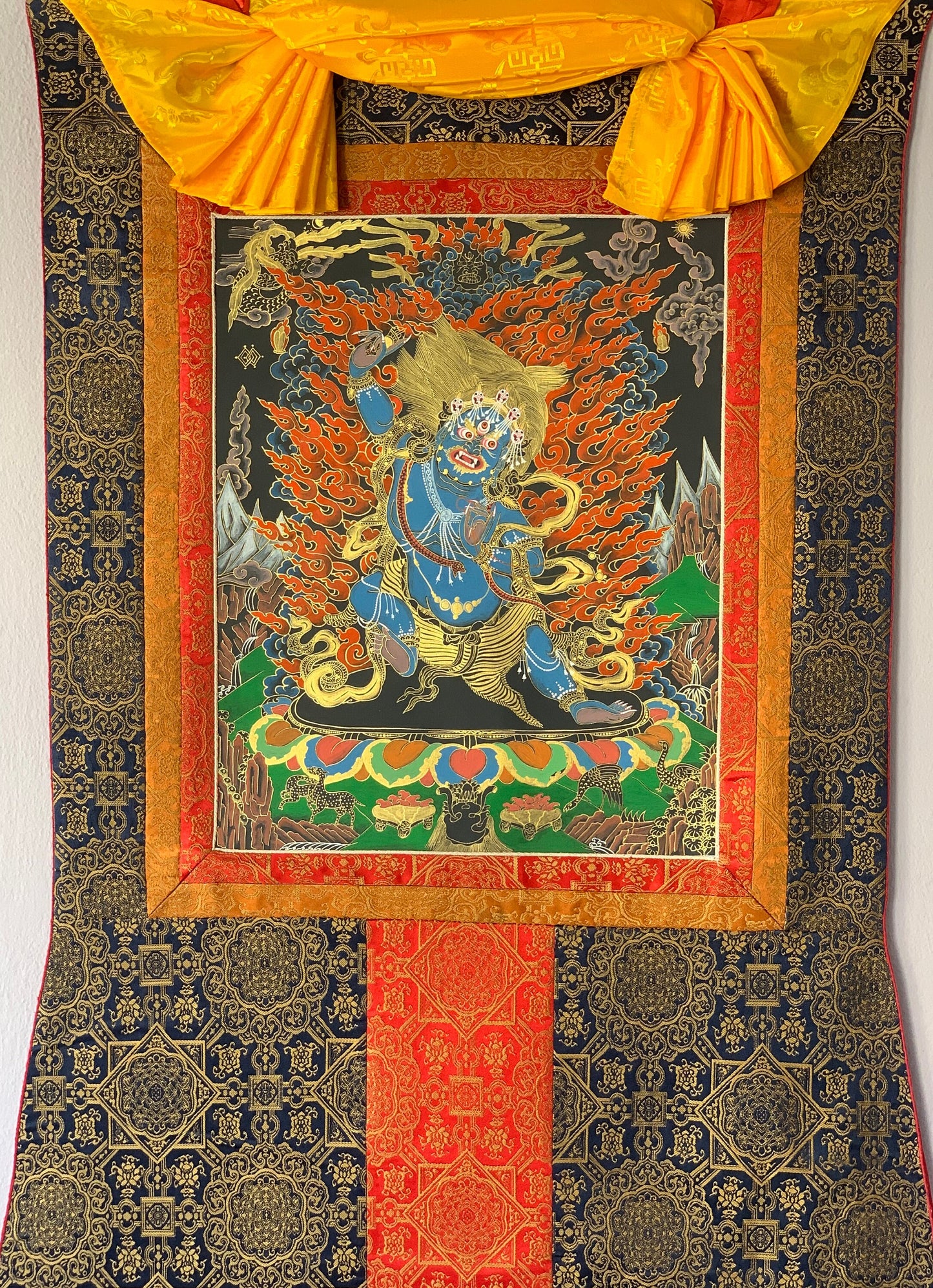 Vajrapani Thunderbolt-Bearer Tibetan Thangka Painting Original Hand-painted Buddhist Art with Silk Brocade