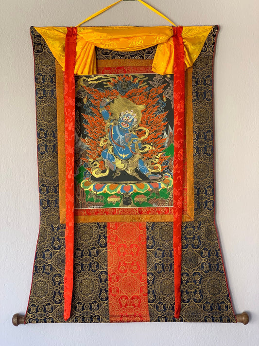 Vajrapani Thunderbolt-Bearer Tibetan Thangka Painting Original Hand-painted Buddhist Art with Silk Brocade