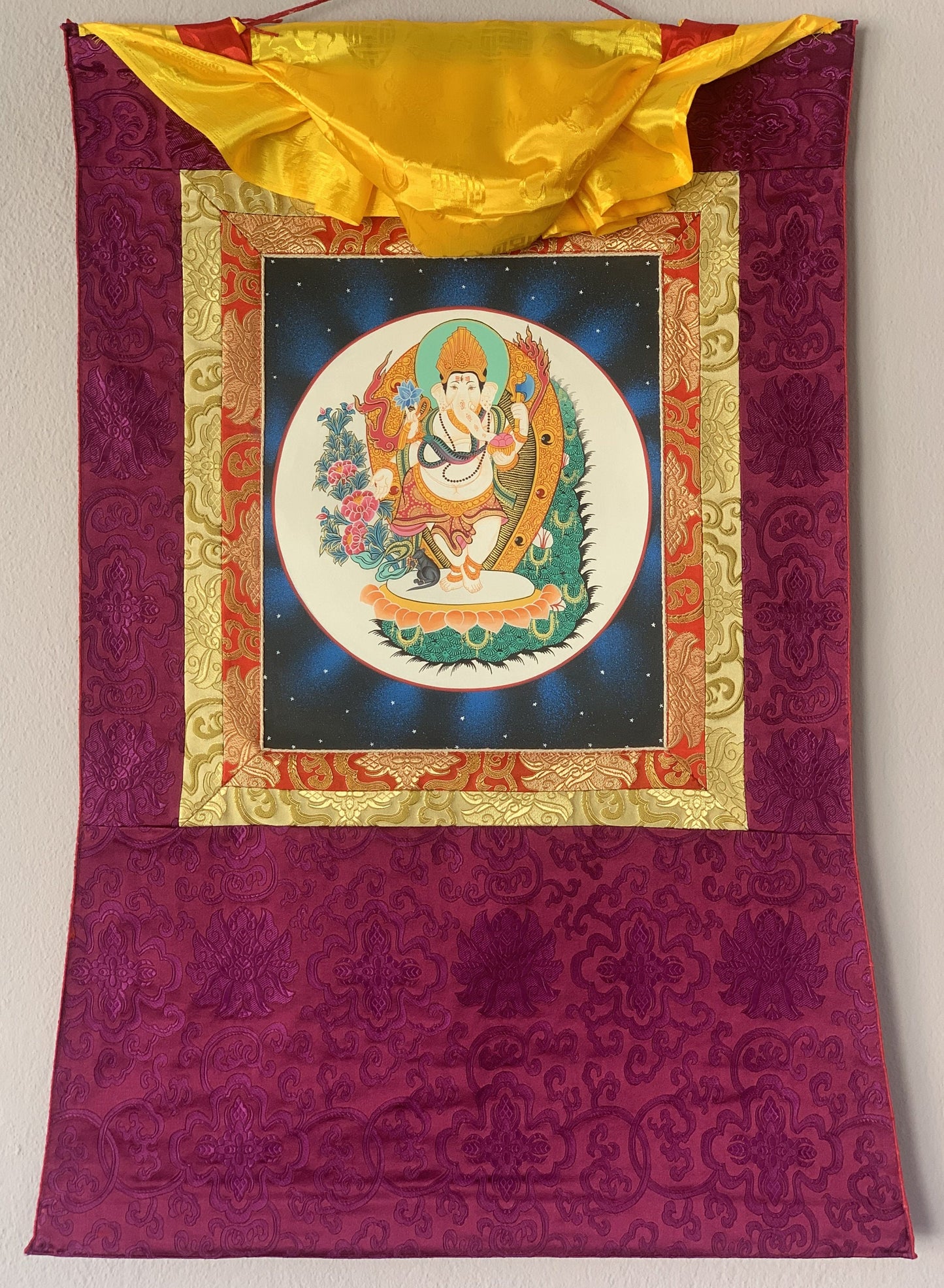 Lord Ganesha, Ganesh, Ganapati, Vinayaka, Thangka Painting, Hindu Buddhist, Original Art, Hand Painting with Silk Frame