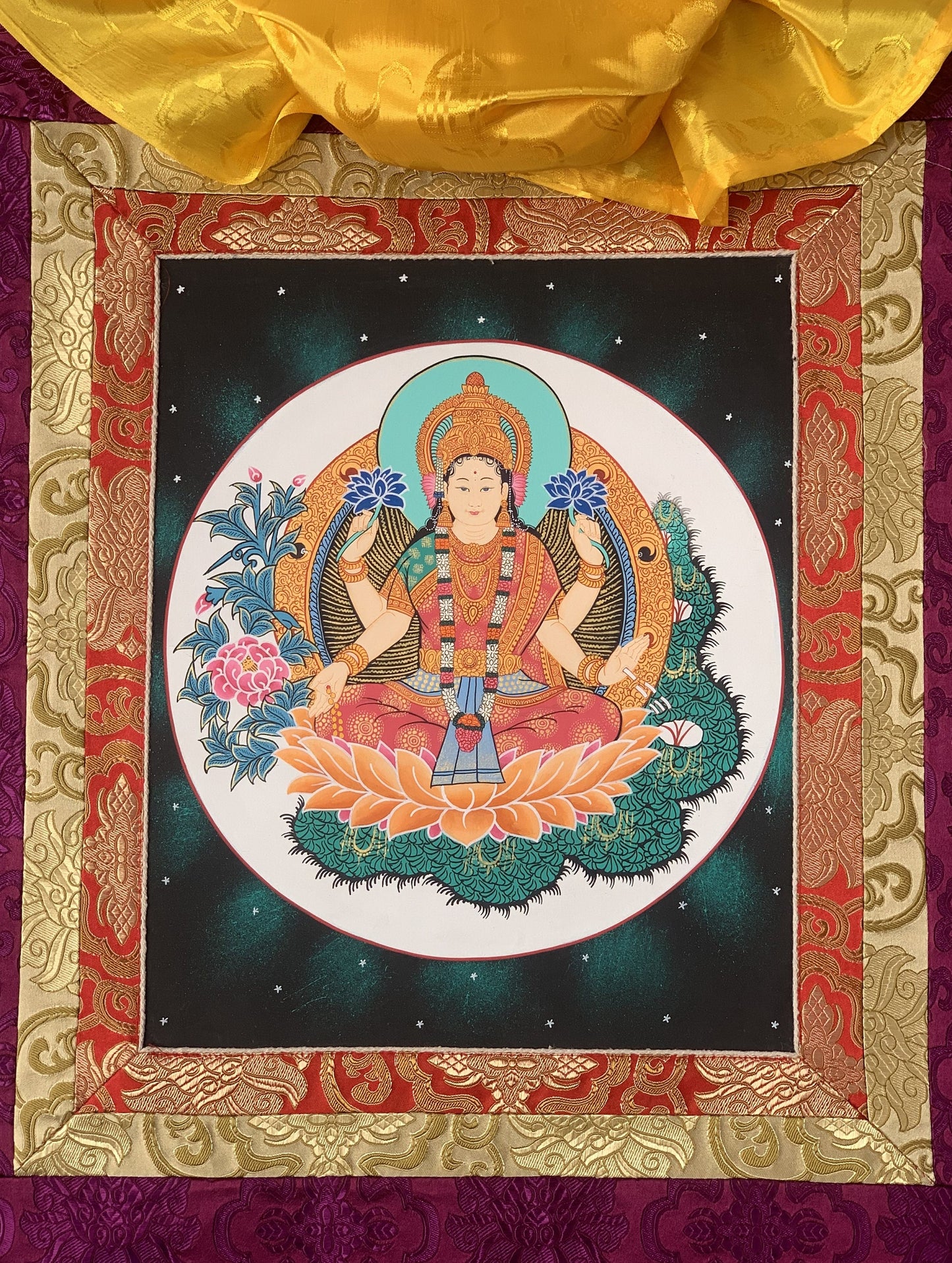 Goddess Laxmi/ Asta Laxmi/ Mahalaxmi/ Goddess of Wealth and Prosperity Thangka Painting, Original Hindu Buddhist Art with Silk Frame