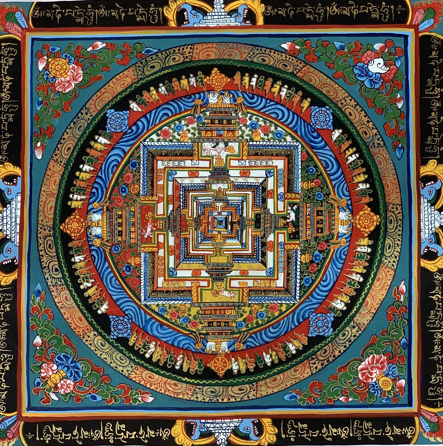 Wheel of Life, Wheel of Time, Kalachakra, Mantra Mandala, Tibetan Thangka Painting, Original Art  13 x 13 Inch