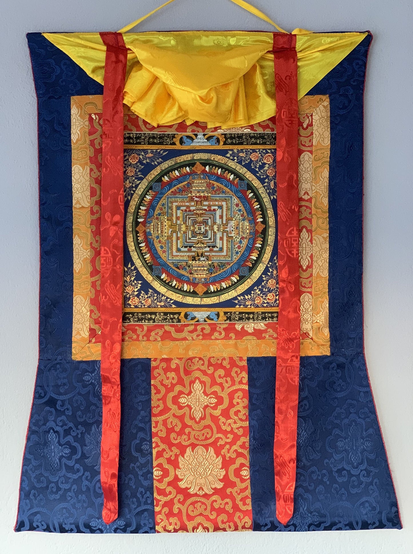 Wheel of Life, Wheel of Time, Kalachakra Om Mantra Mandala, Tibetan Thangka Painting, Original Art  with Silk Frame