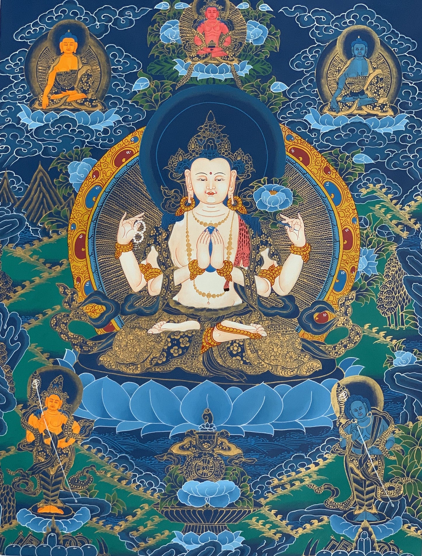 4 -Armed, Chyangresi, Chenrezig, Avalokiteshvara, Master Quality, Tibetan Thangka Painting, Original Hand Painting  18 x 24 Inch