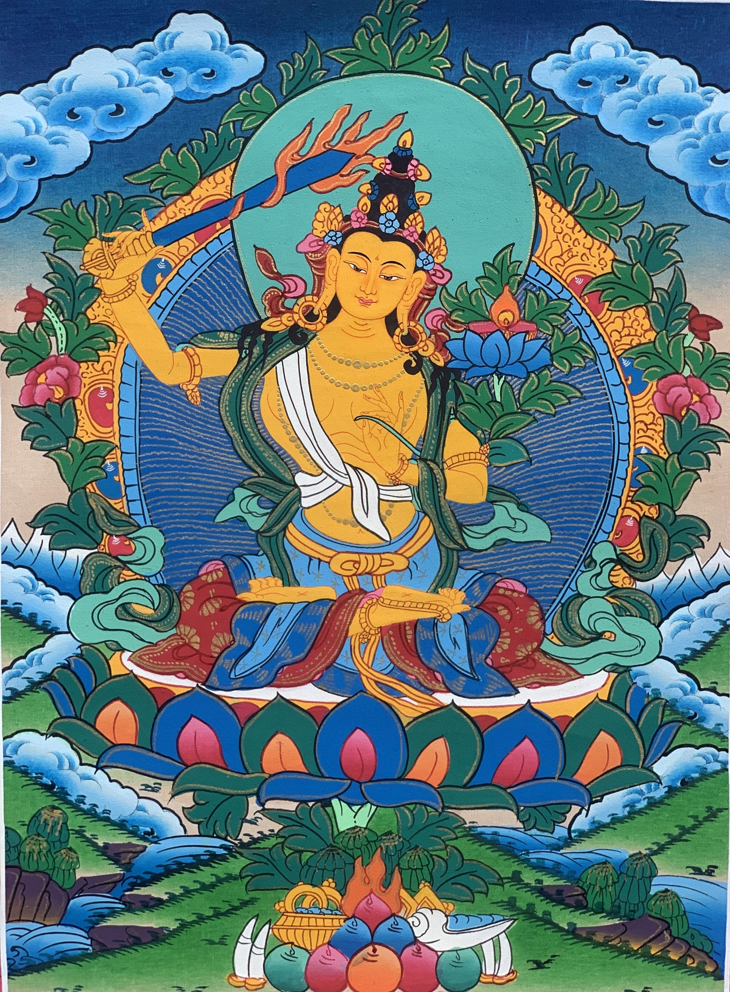 Manjushri/Manjusri/Manjushree Master Quality Hand-painted Original Tibetan Tibetan Thangka Compassion Meditation  Art  11 x 15 Inch