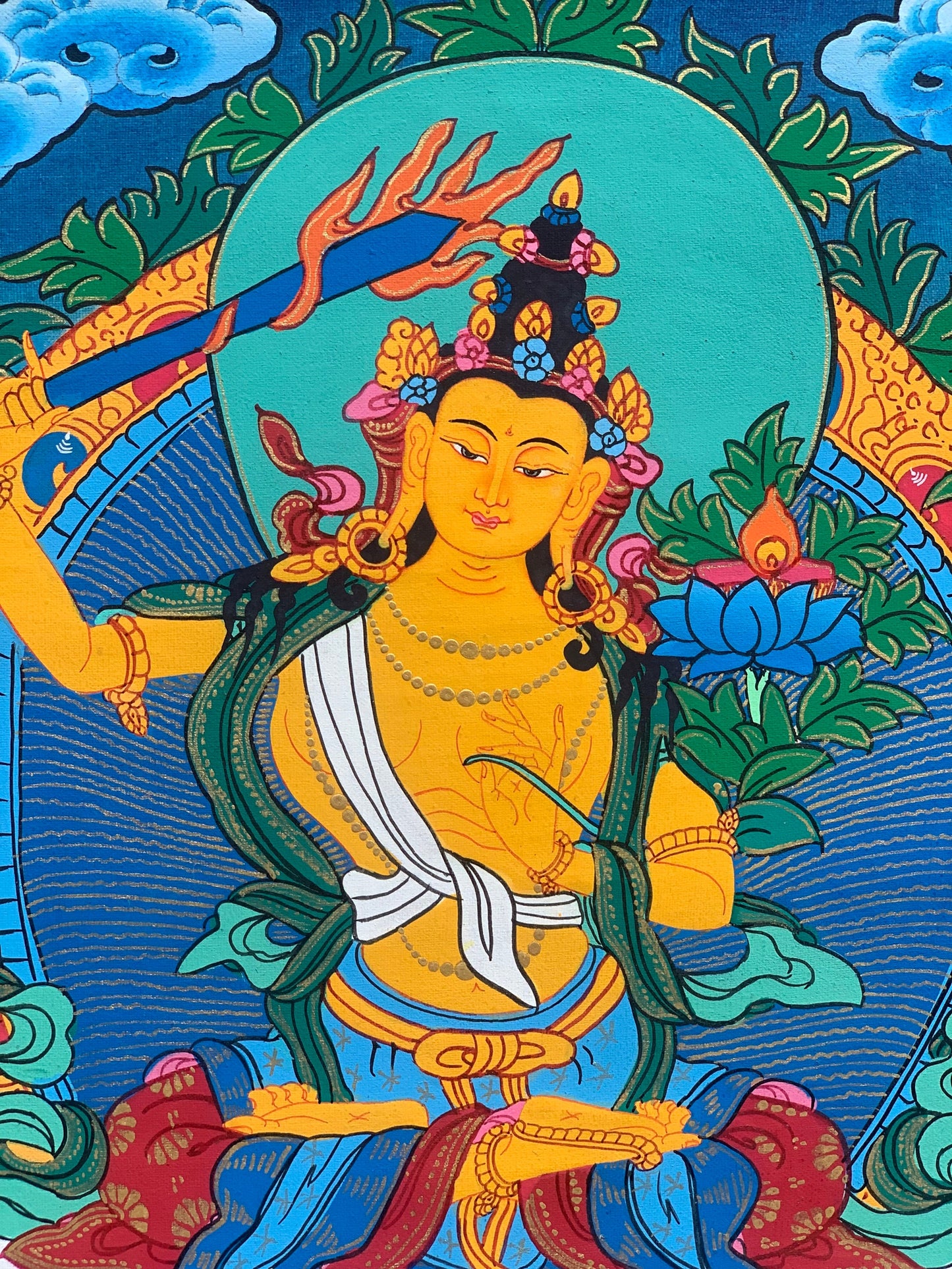 Manjushri/Manjusri/Manjushree Master Quality Hand-painted Original Tibetan Tibetan Thangka Compassion Meditation  Art  11 x 15 Inch