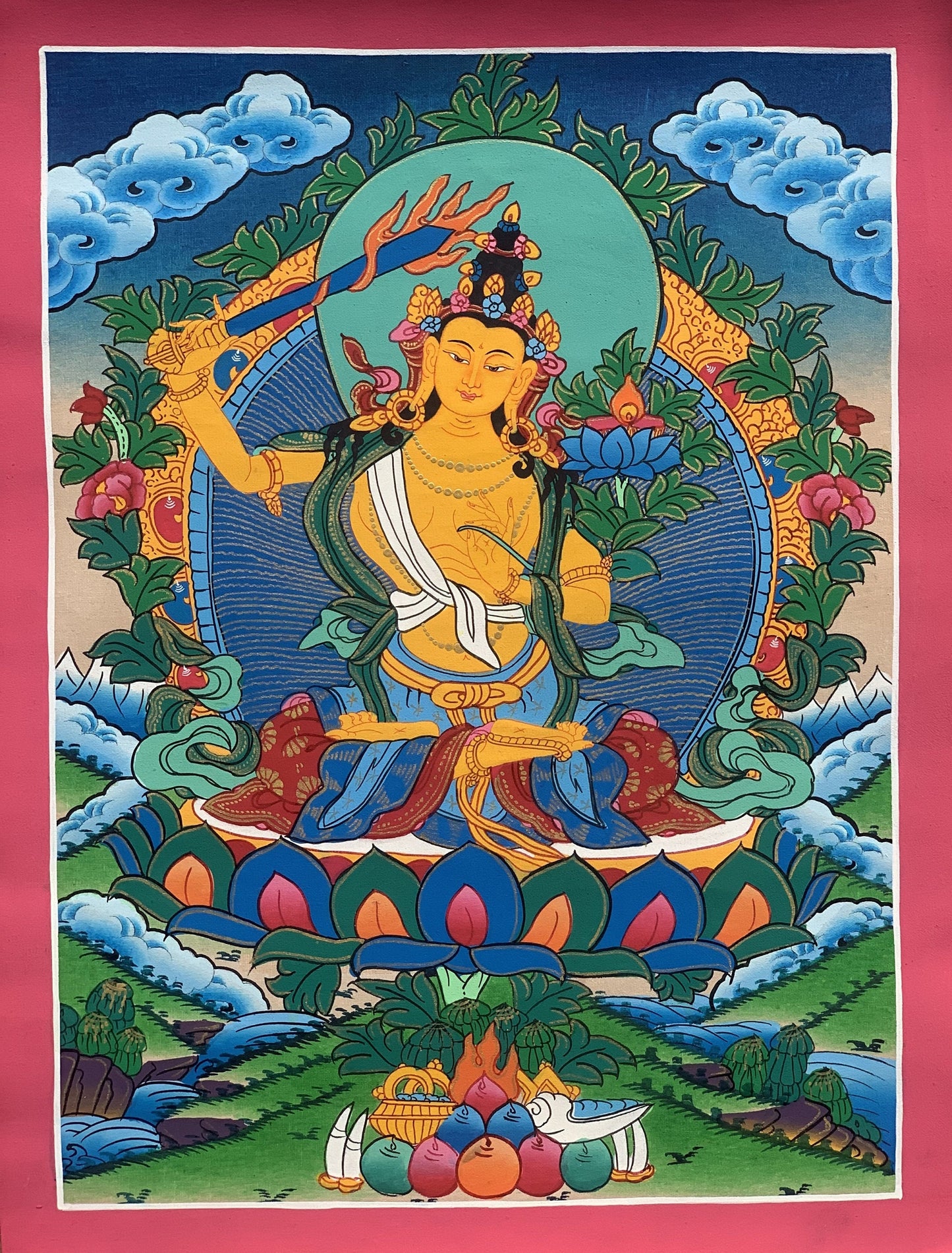 Manjushri/Manjusri/Manjushree Master Quality Hand-painted Original Tibetan Tibetan Thangka Compassion Meditation  Art  11 x 15 Inch