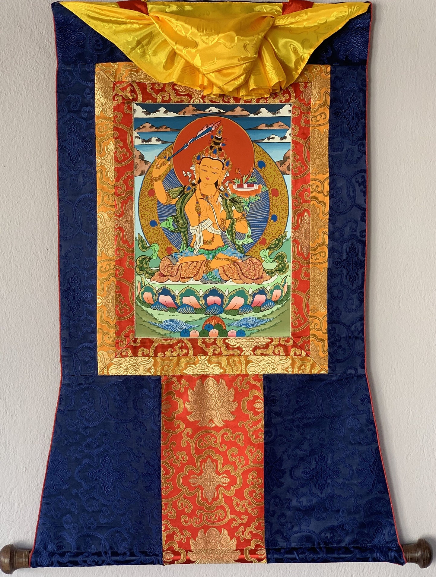 Manjushri, Manjusri, Manjushree, Master Quality, Hand-painted, Original Tibetan Thangka Painting, Compassion, Meditation  With Silk Frame