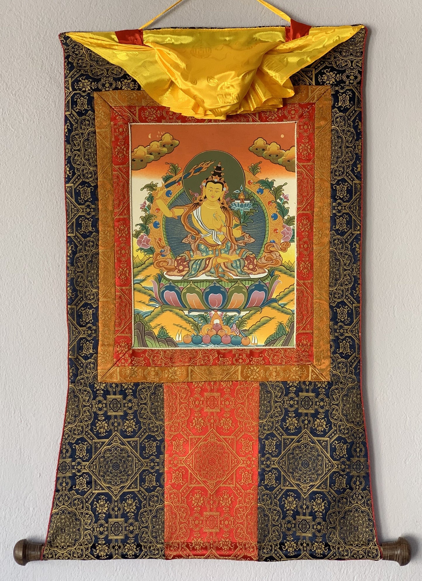 Bodhisattva of Compassion Manjushri /Manjusri/ Manjushree Original Hand-Painted Tibetan Thangka Painting/ Compassion Art With Silk Frame