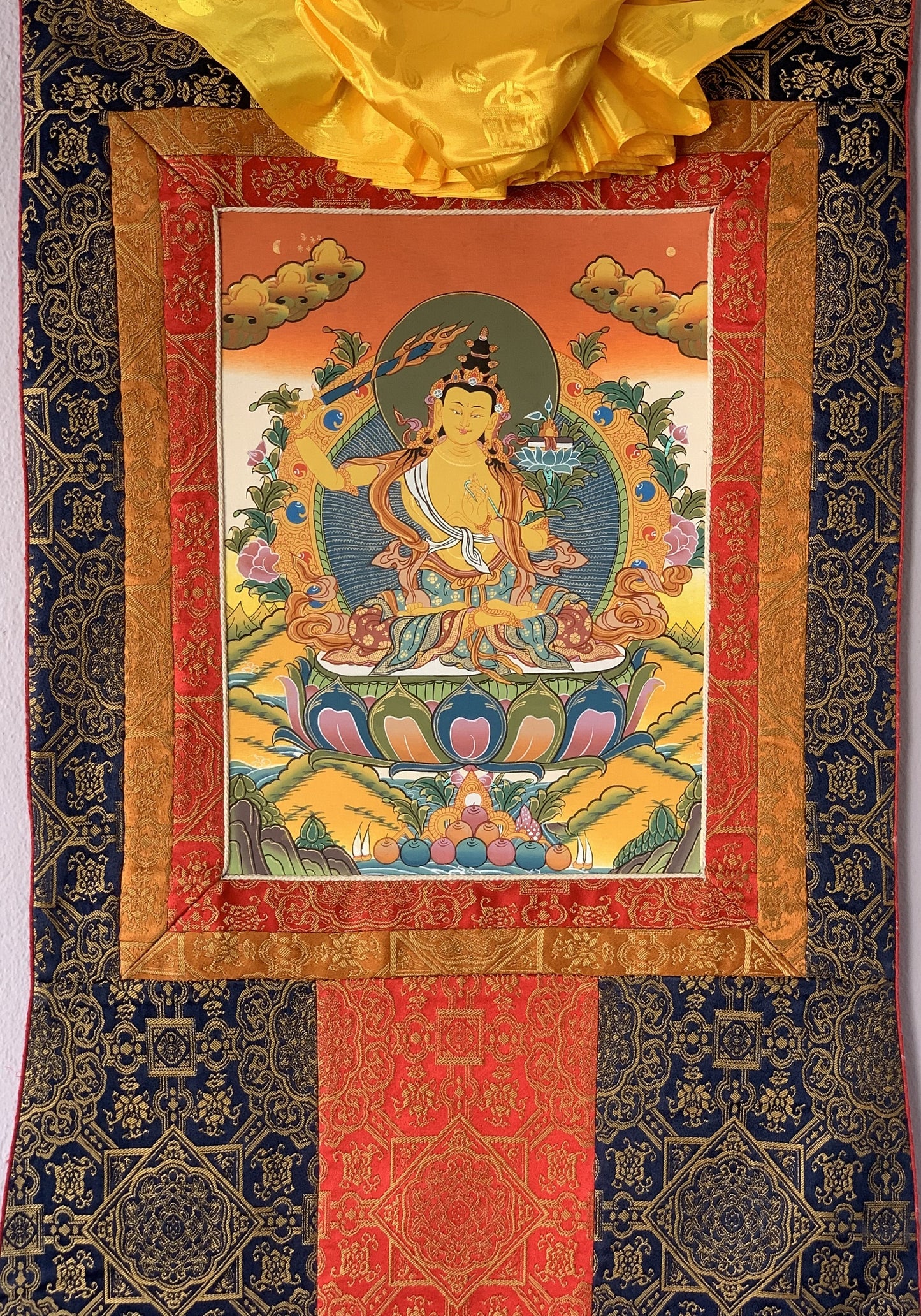 Bodhisattva of Compassion Manjushri /Manjusri/ Manjushree Original Hand-Painted Tibetan Thangka Painting/ Compassion Art With Silk Frame