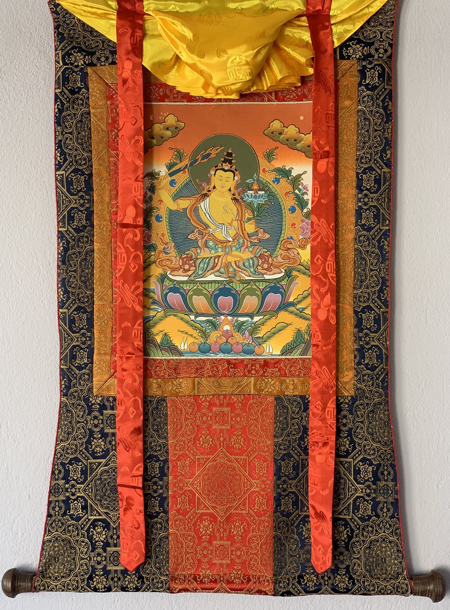 Bodhisattva of Compassion Manjushri /Manjusri/ Manjushree Original Hand-Painted Tibetan Thangka Painting/ Compassion Art With Silk Frame