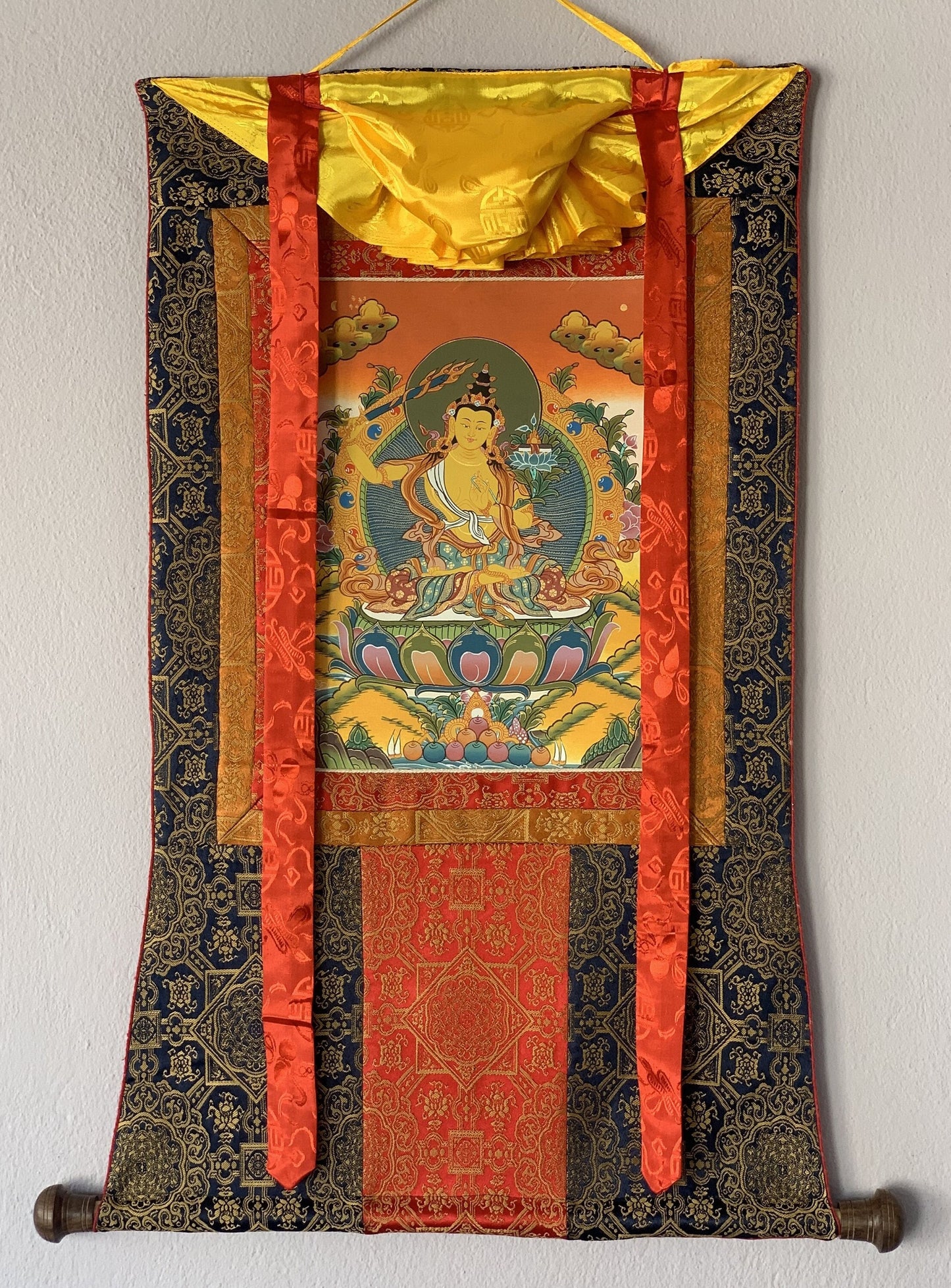 Bodhisattva of Compassion Manjushri /Manjusri/ Manjushree Original Hand-Painted Tibetan Thangka Painting/ Compassion Art With Silk Frame