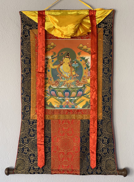 Bodhisattva of Compassion Manjushri /Manjusri/ Manjushree Original Hand-Painted Tibetan Thangka Painting/ Compassion Art With Silk Frame