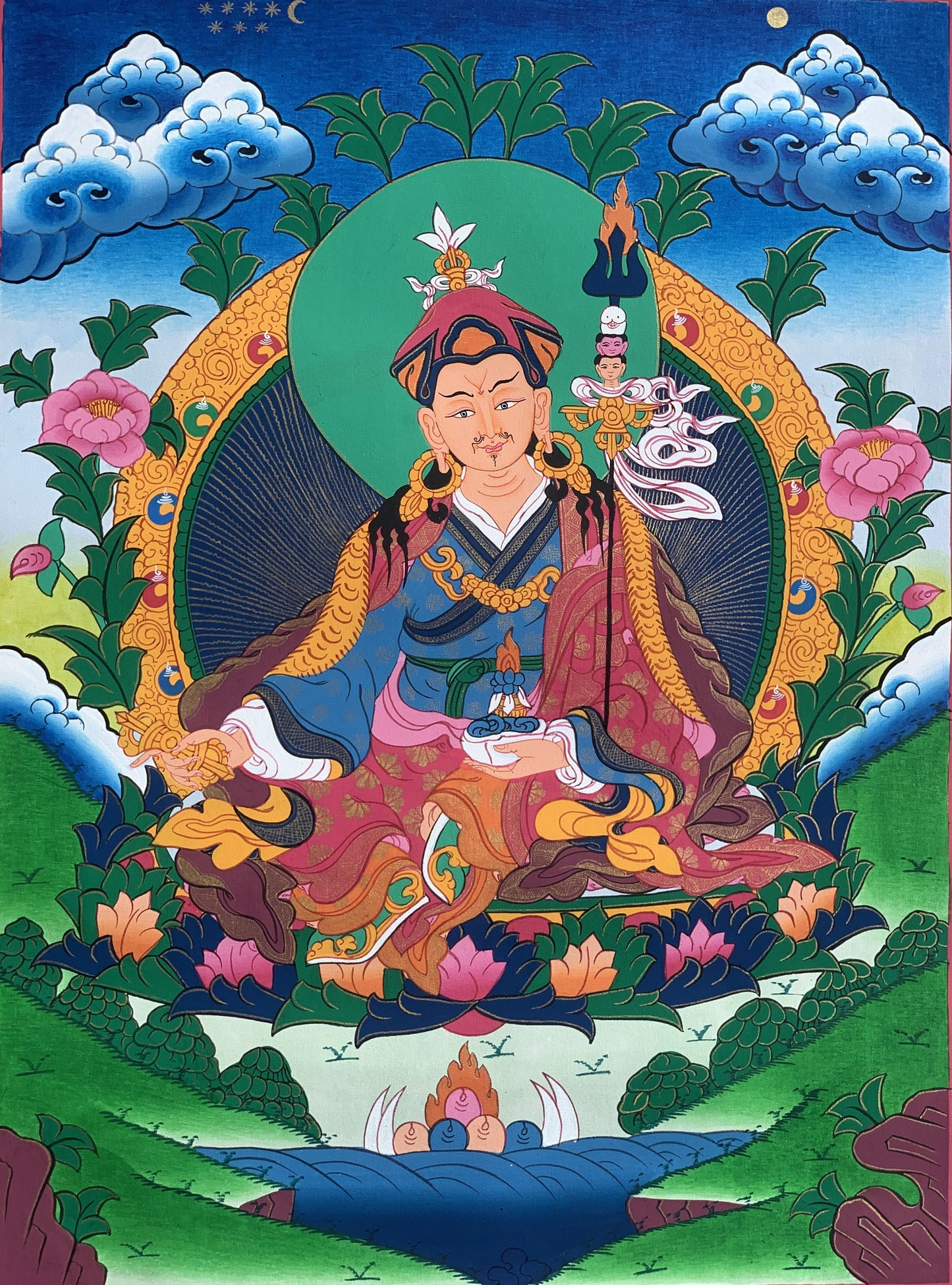 Guru Padmasambhava/ Guru Rinpoche Tibetan Thangka Painting Original Hand Painting/ Buddhist Art  with Silk Frame