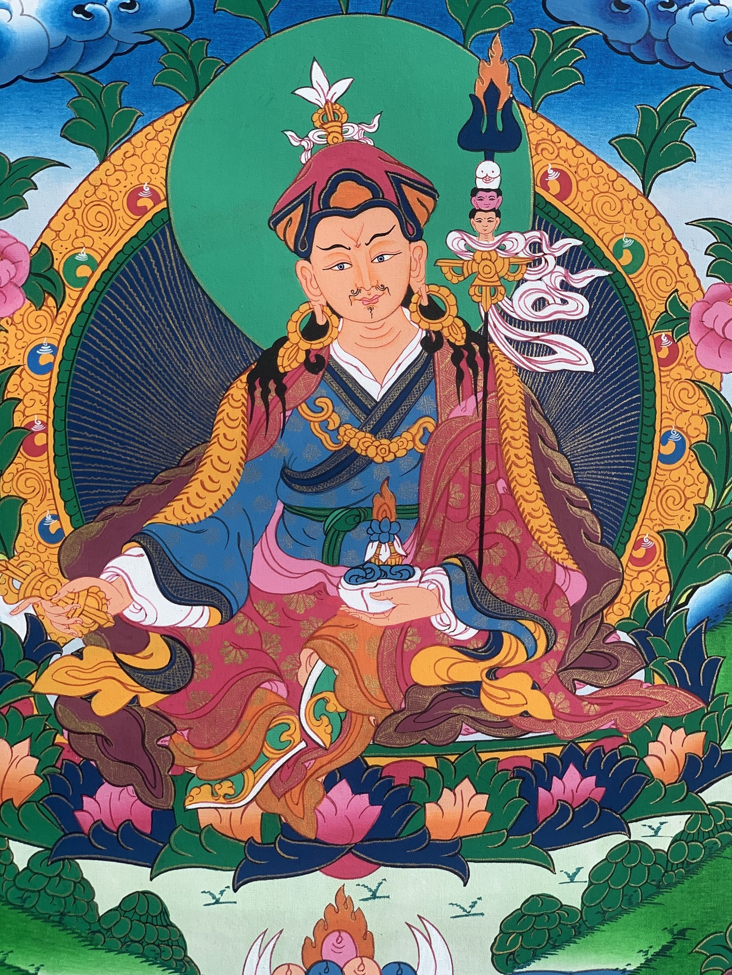 Guru Padmasambhava/ Guru Rinpoche Tibetan Thangka Painting Original Hand Painting/ Buddhist Art  with Silk Frame