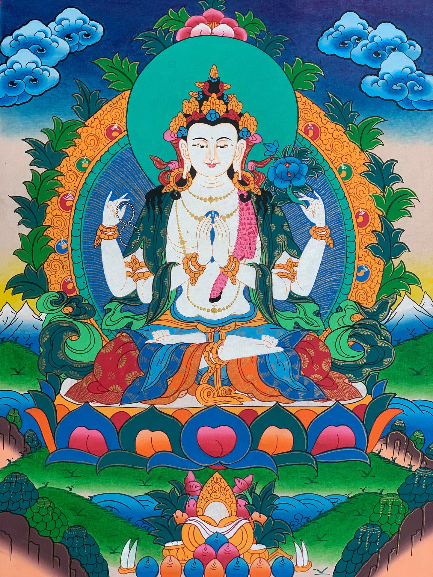 4 -Armed, Chyangresi, Chenrezig, Avalokiteshvara, Fine Quality, Tibetan Thangka Painting, Original Hand Painting  15 x 20 Inch