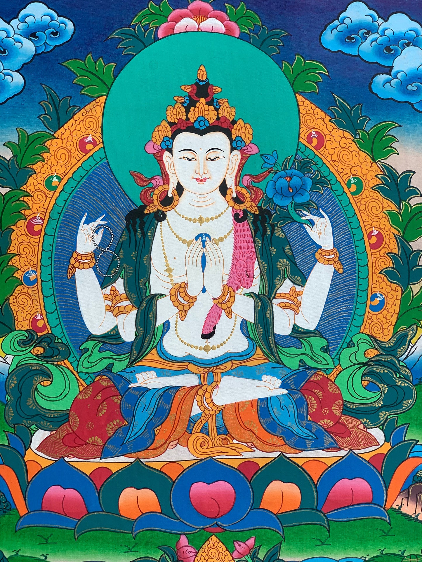 4 -Armed, Chyangresi, Chenrezig, Avalokiteshvara, Fine Quality, Tibetan Thangka Painting, Original Hand Painting  15 x 20 Inch