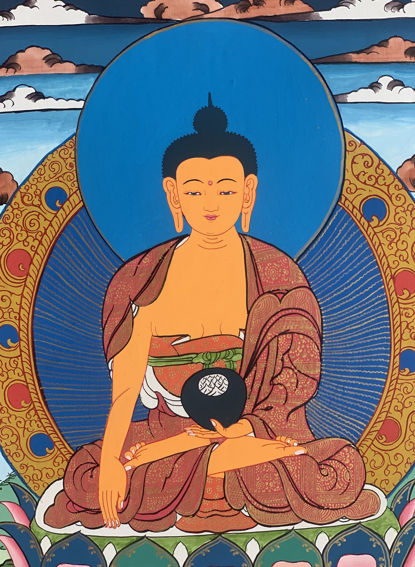 Shakyamuni, Siddhartha, Gautama, Buddha, Original Tibetan Thangka Painting, Buddhist Art with Silk Border